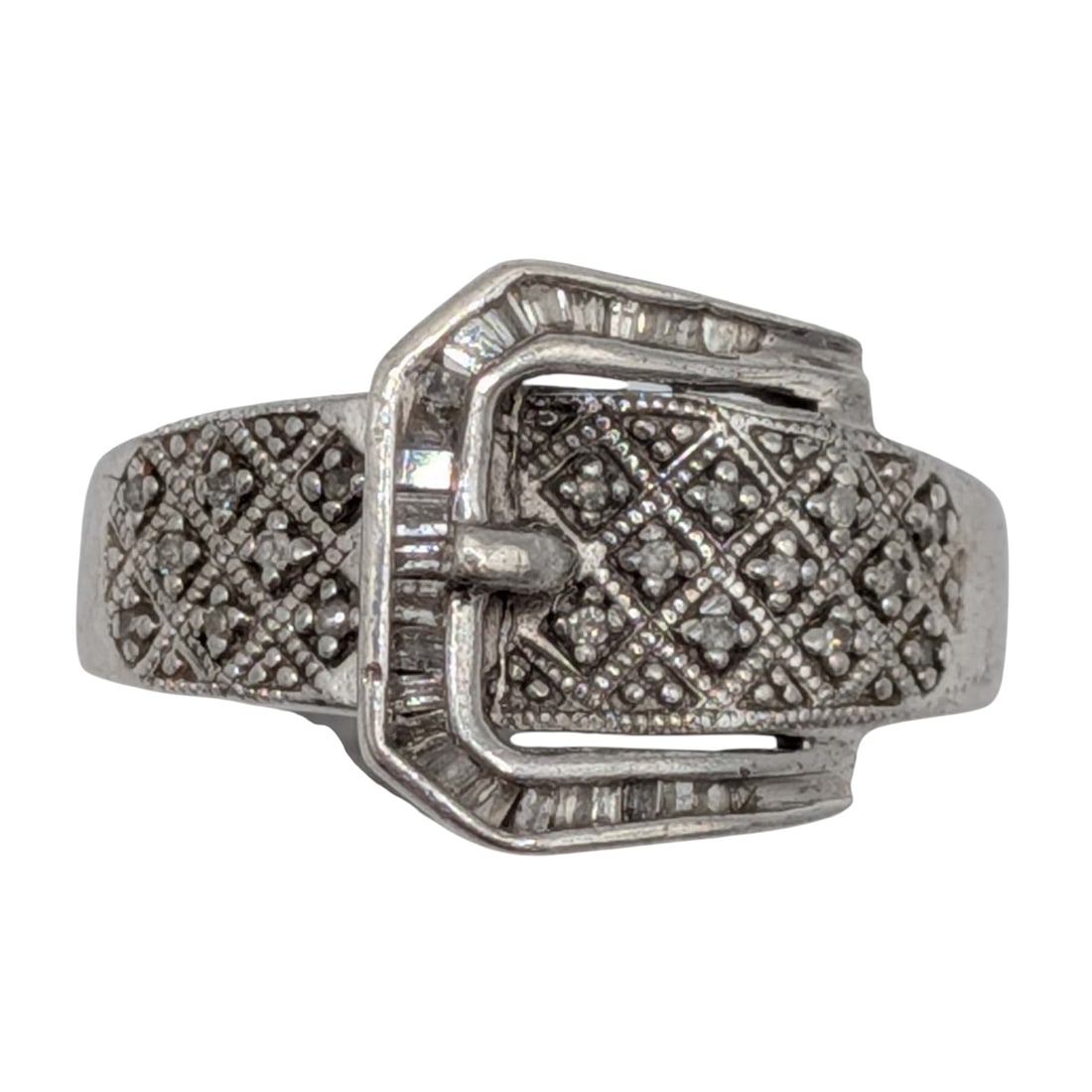 Signed Sterling Silver Diamond Pave Buckle Band Ring Size 6.5: Signed Sterling Silver, Diamond Pave Buckle Band Ring. Size 6.5. Signed 925 tent holding an object. 3.9g