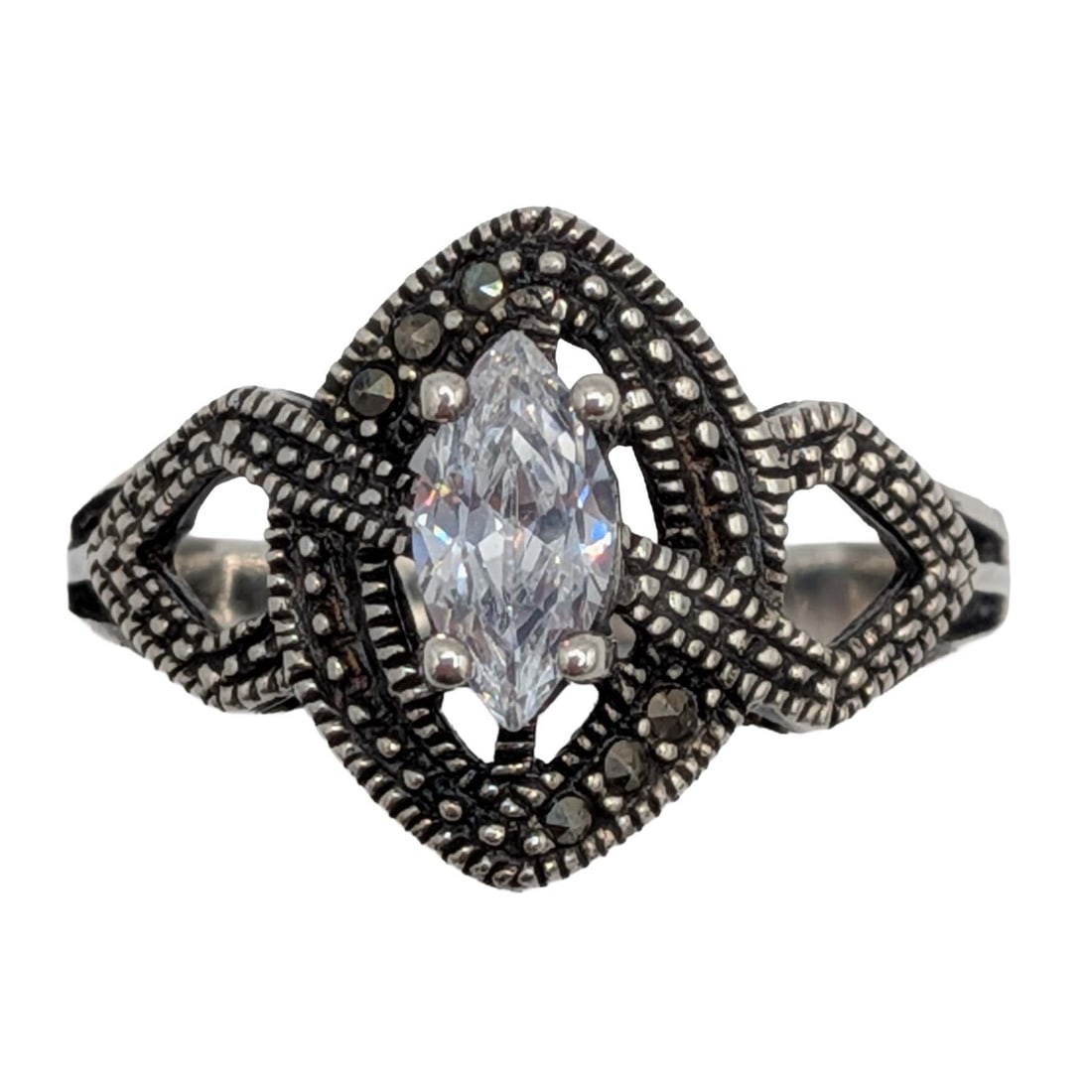 Signed Sterling Silver Rhinestone Marcasite Ring Size 8: Signed Sterling Silver, Marquise Cut Rhinestone, Marcasite Ring. Size 8. Signed N.F. 925. 3.2g