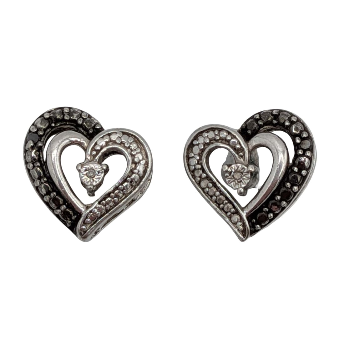 Signed Sterling Silver Diamond Heart Stud Earrings: Signed Sterling Silver, Diamond Heart Stud Earrings. Signed 925 JWBR. 2.4g