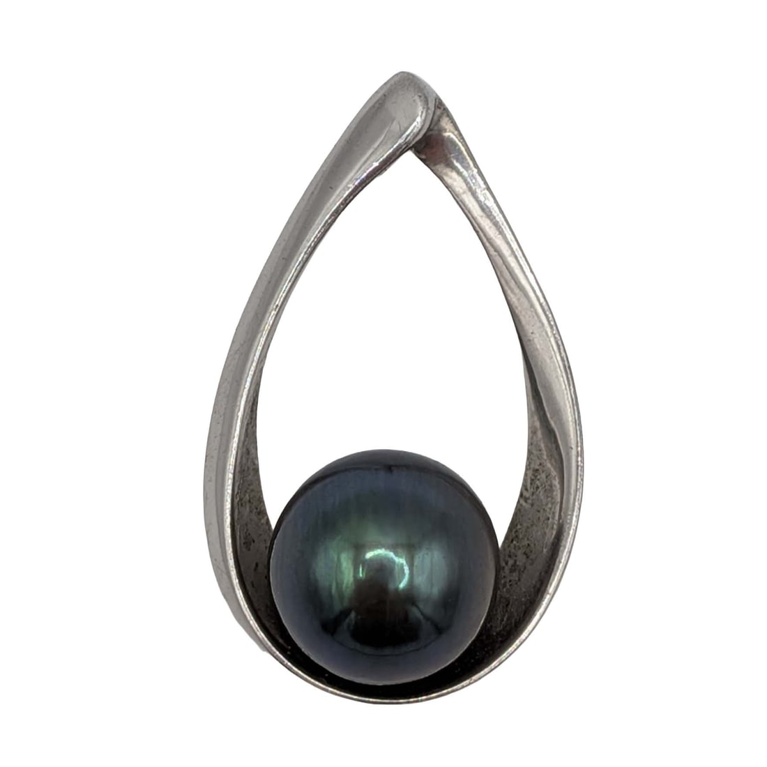 Signed Sterling Silver Slide Through Teardrop Faux Black Pearl Pendant (1 of 4)