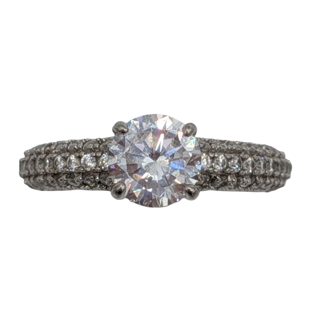 Signed Sterling Silver CZ Round Cut Pave Set Solitaire Ring Size 6.75: Signed Sterling Silver, CZ Round Cut Pave Set Solitaire Ring. Size 6.75. Signed EJ 925. 4.1g