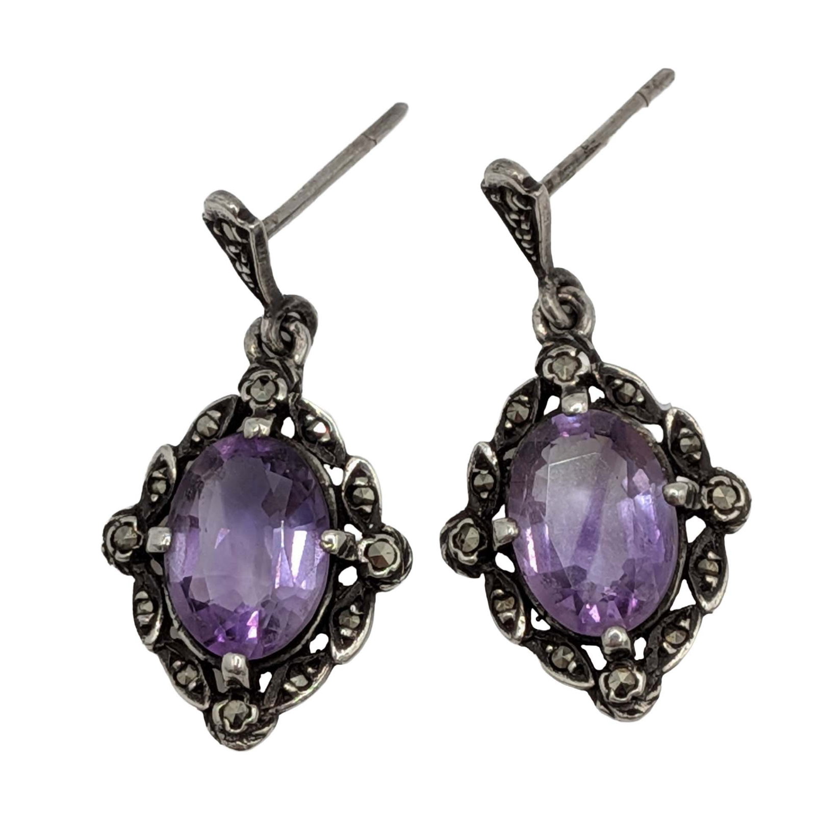 Sterling Silver Amethyst Marcasite Oval Drop Stud Earrings (1 of 3)