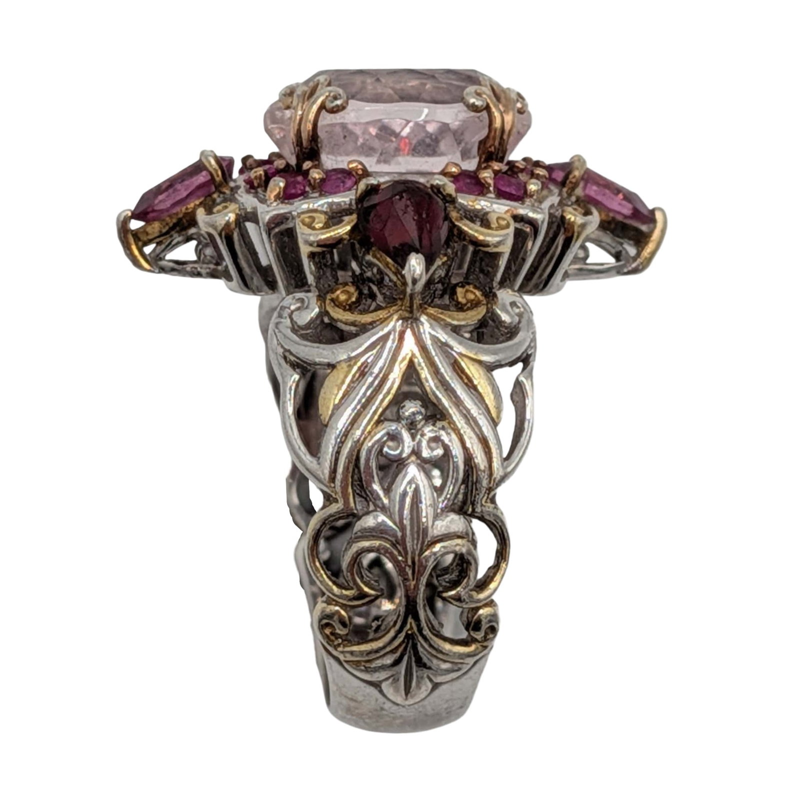 Signed Sterling Silver Ruby Multi-Stone Cluster Scroll Cut Ring Size 6.75 - 2