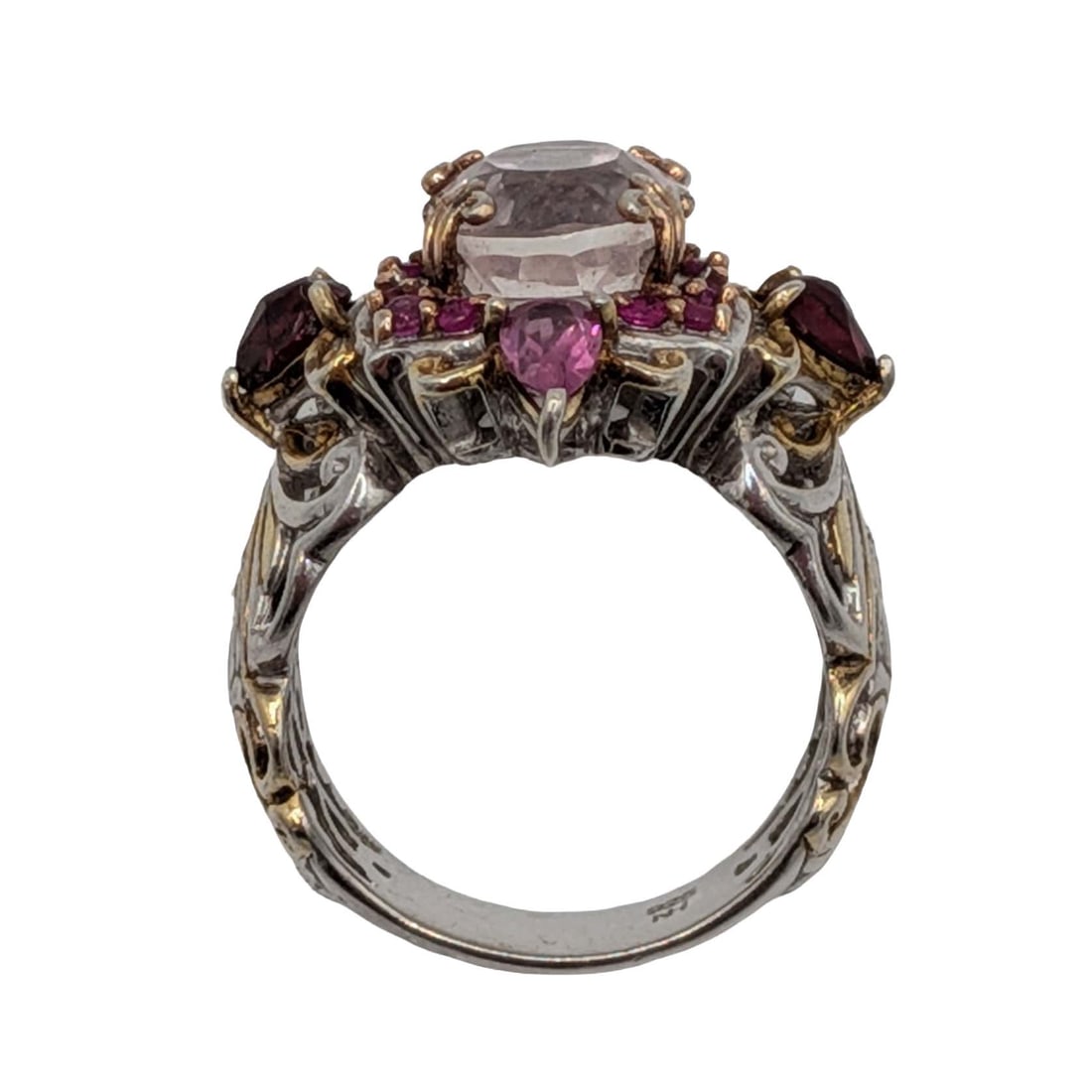 Signed Sterling Silver Ruby Multi-Stone Cluster Scroll Cut Ring Size 6.75 - 3
