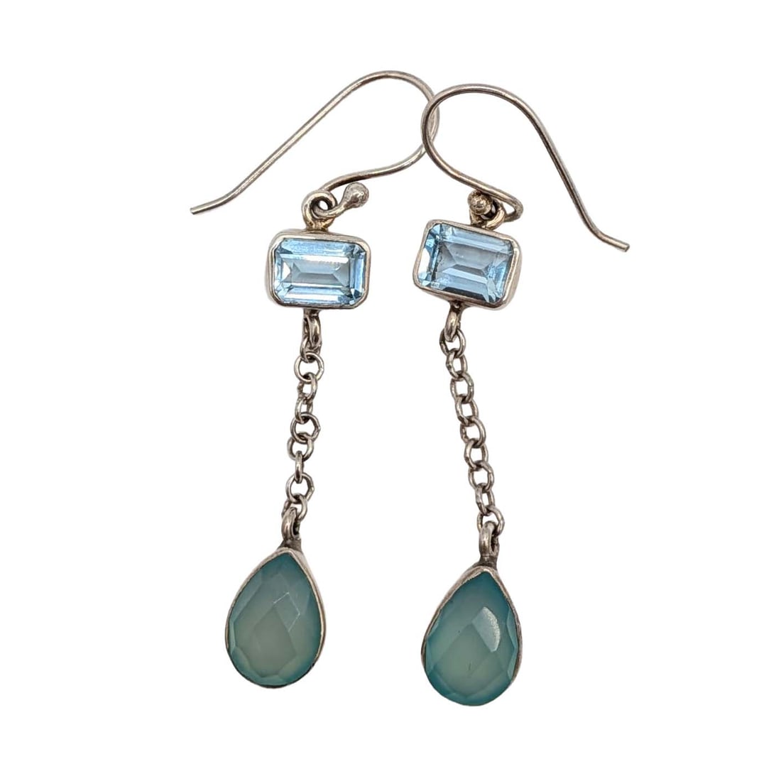 Sterling Silver Blue Topaz Agate Teardrop Dangle Earrings: Sterling Silver, Blue Topaz, Blue Agate Teardrop Dangle Chain Earrings. Signed 925. 4.6g