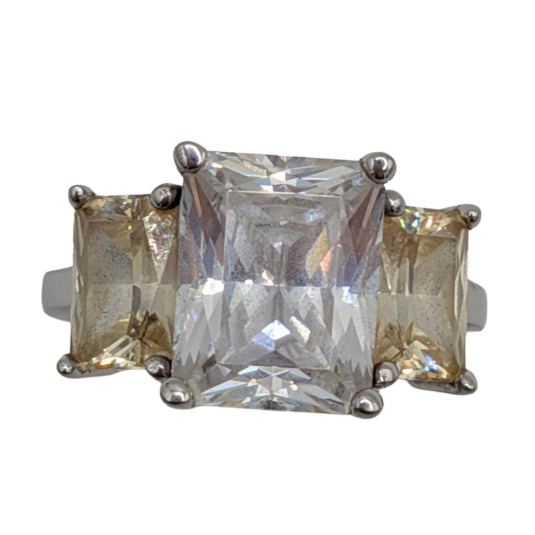 Signed Sterling Silver Rhinestone 3 Stone Emerald Cut Ring Size 5: Signed Sterling Silver, Rhinestone 3 Stone Emerald Cut Ring. Size 5. Signed H 925 DCC3. 4.9g