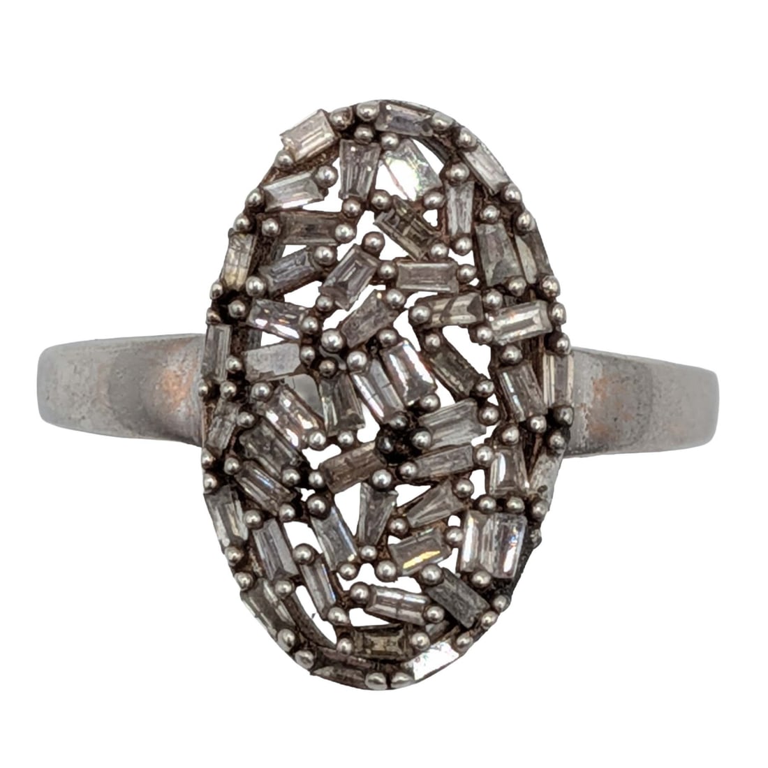 D'Joy Sterling Silver Diamond Baguette Cluster Oval Ring Size 10.25: D'Joy Sterling Silver, Diamond Baguette Cluster Oval Ring. Size 10.25. Signed DJOY 925. 4.5g
