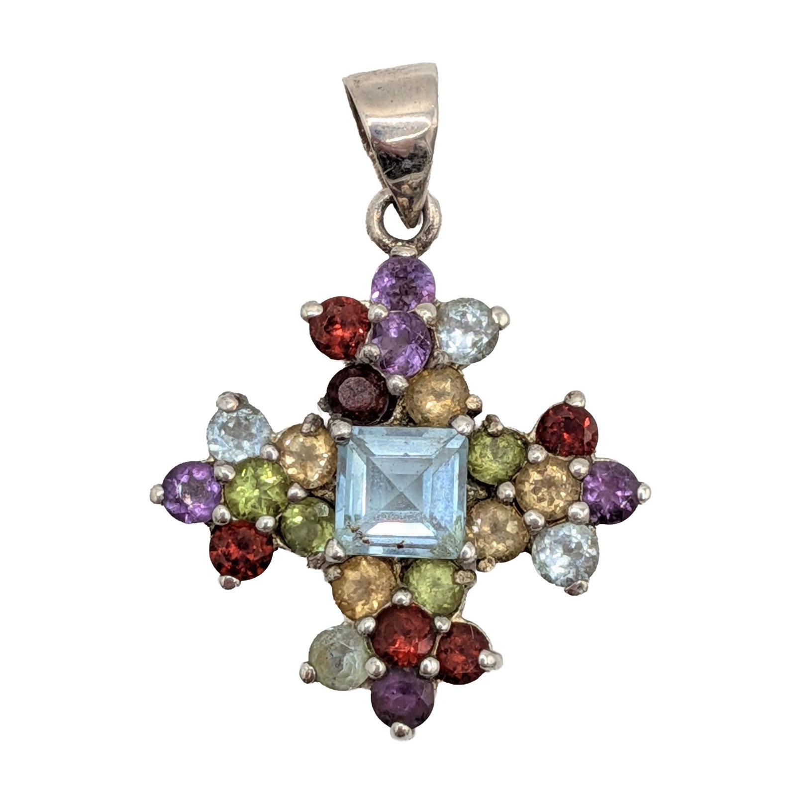Signed Sterling Silver Multi-Stone Cross Pendant: Signed Sterling Silver Amethyst Citrine Garnet Peridot Topaz Cross Pendant. Signed GSJ 925 CN. 4g