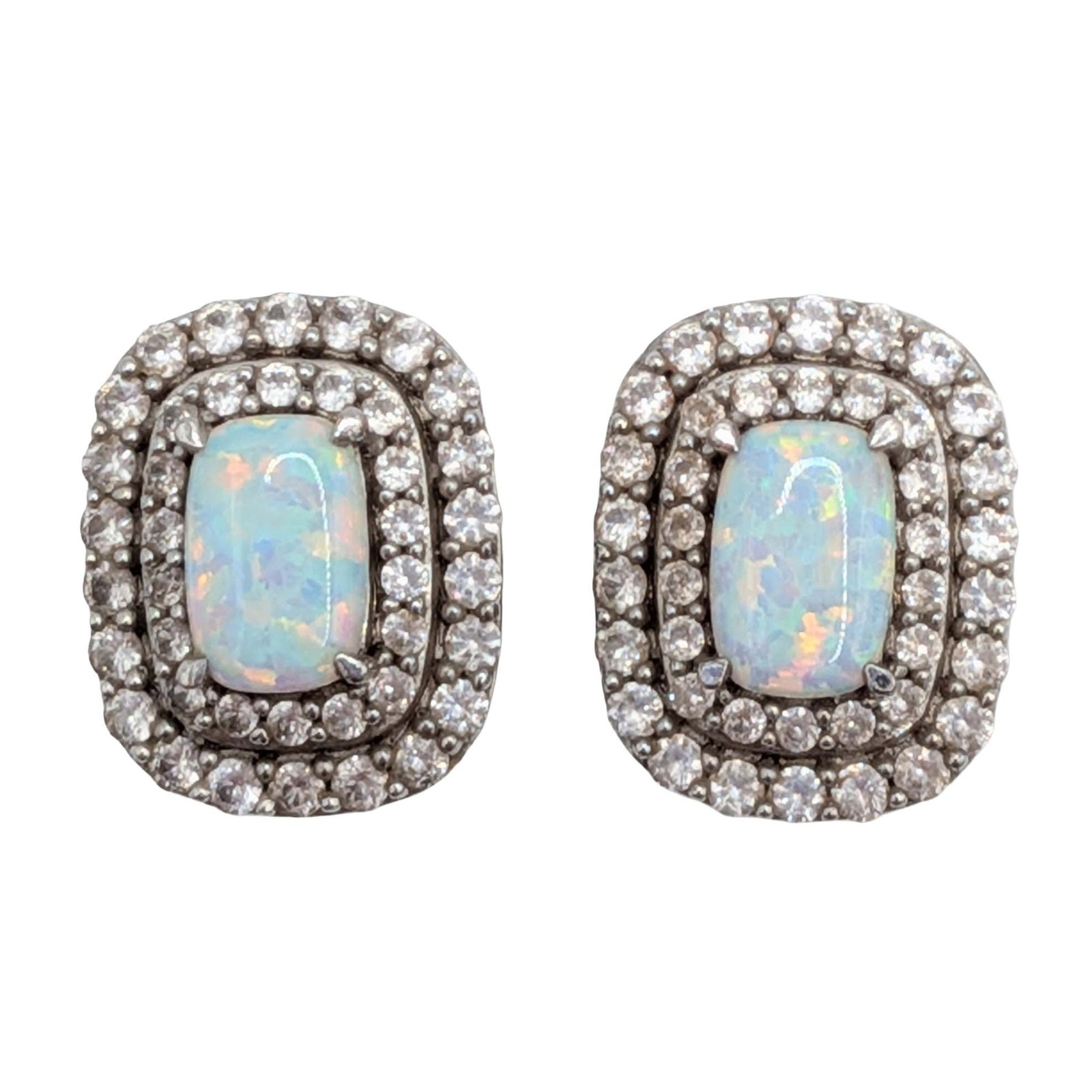 Signed Sterling Silver Opal White Topaz Double Halo Stud Earrings (1 of 4)