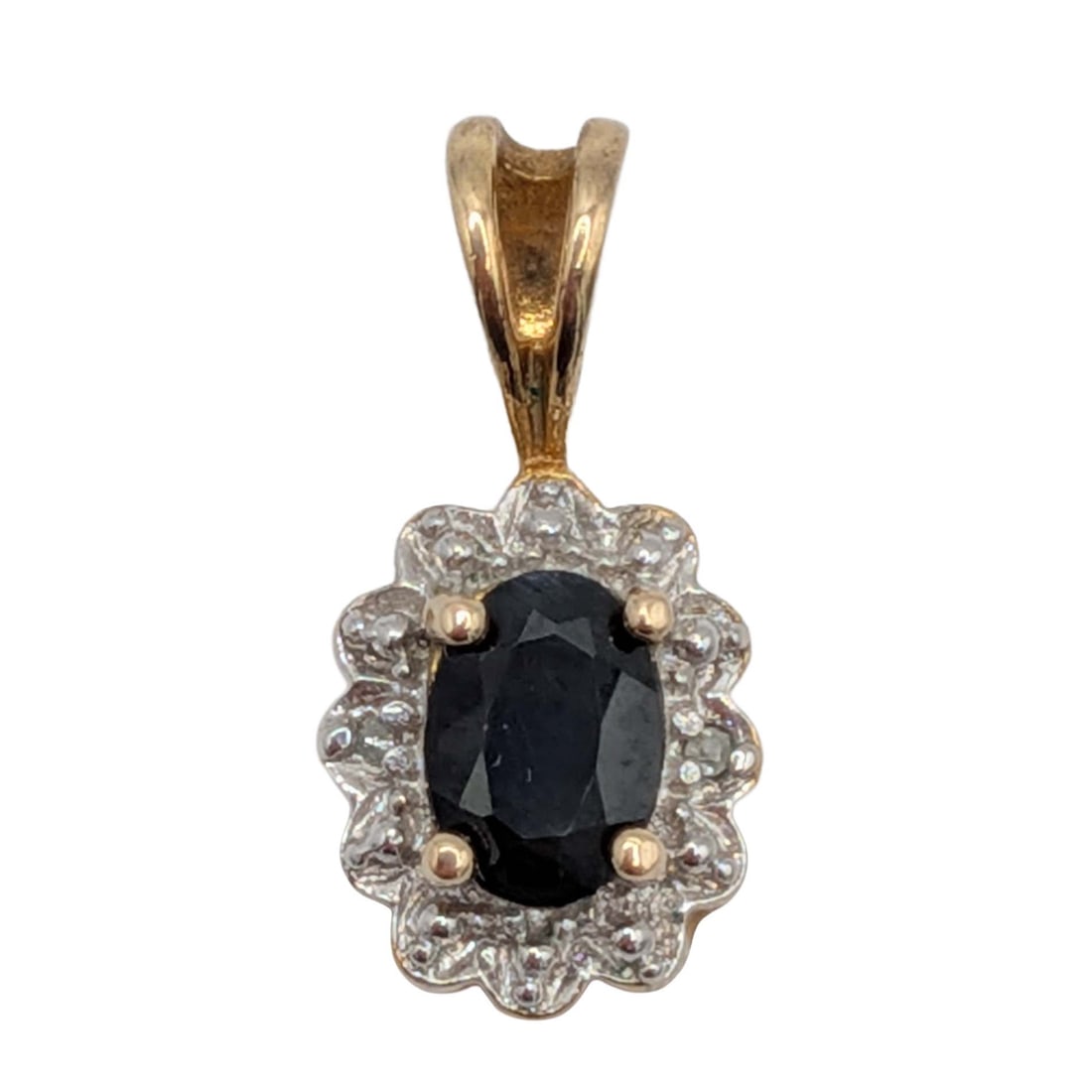 Ross Simons Gold Over Sterling Silver Diamond Oval Sapphire Halo Pendant: Ross Simons Gold Over Sterling Silver, Diamond, Oval Sapphire Halo Pendant. Signed 4 fancy 925 China. 1.6g