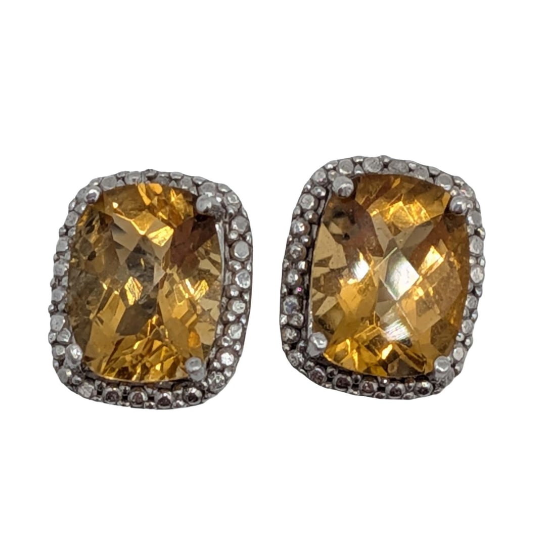 Signed Sterling Silver Diamond Citrine Halo Stud Earrings: Signed Sterling Silver, Diamond, Citrine Halo Stud Earrings. Signed FAS 925 Thai. 2.9g