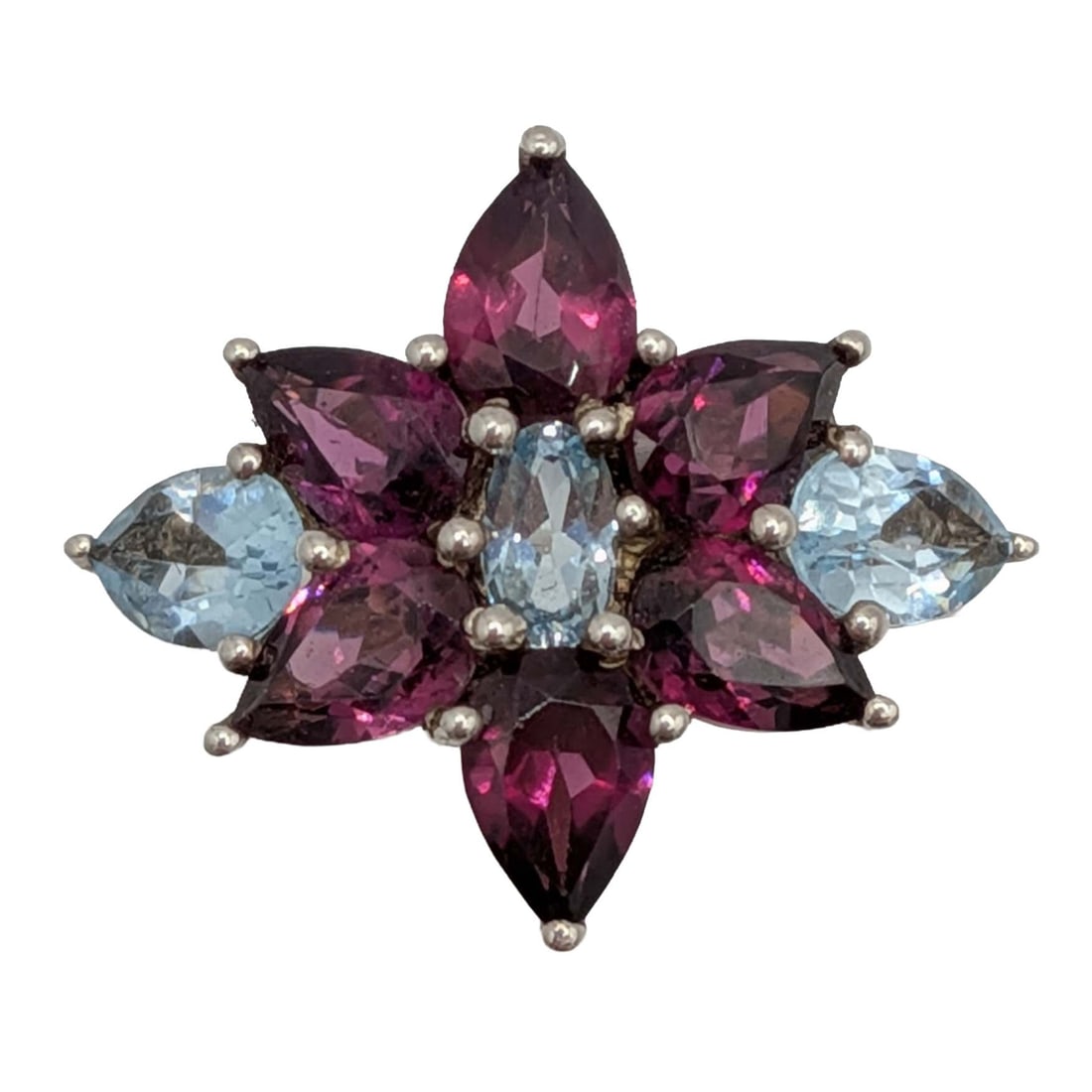 Sterling Silver Blue Topaz Garnet Floral Ring Size 6: Sterling Silver, Blue Topaz, Garnet Floral Ring. Size 6. Signed 925. 3.5g