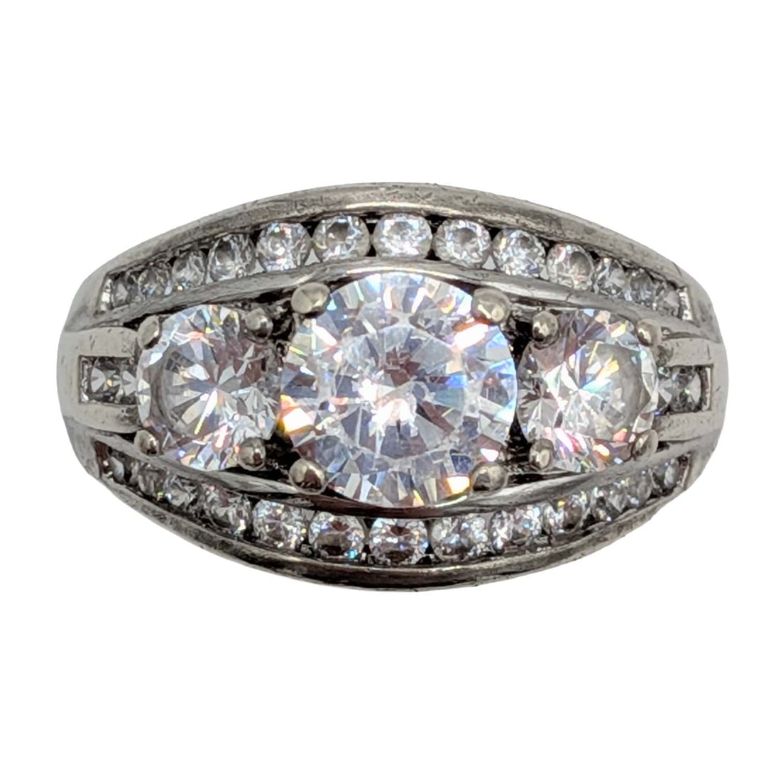 Signed Sterling Silver CZ Three Stone Anniversary Ring Size 6.75: Signed Sterling Silver, CZ Three Stone Anniversary Ring. Size 6.75. Signed H 925 CZ. 7.5g