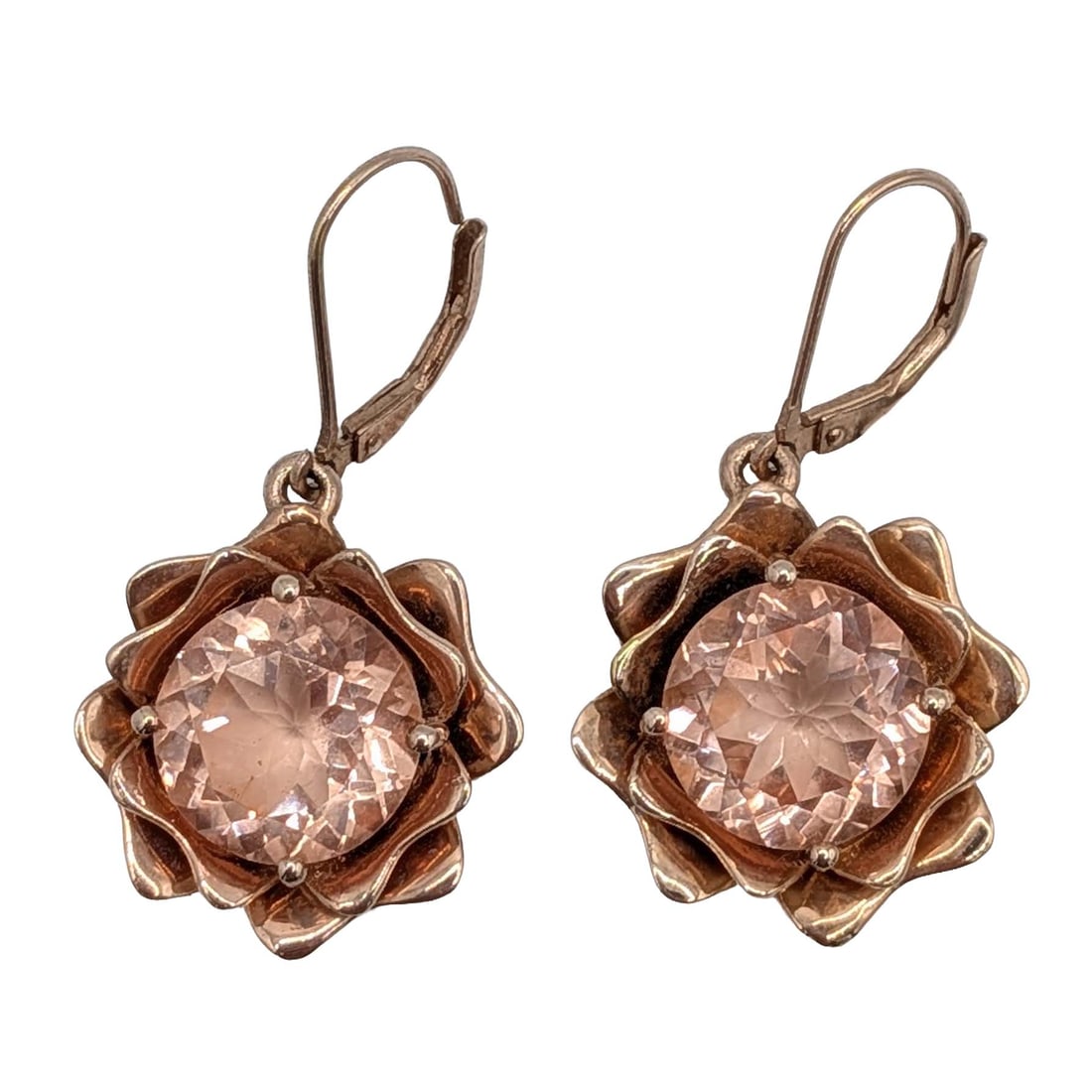 Signed Rose Gold Over Sterling Silver Rose Quartz Flower Drop Earrings (1 of 4)