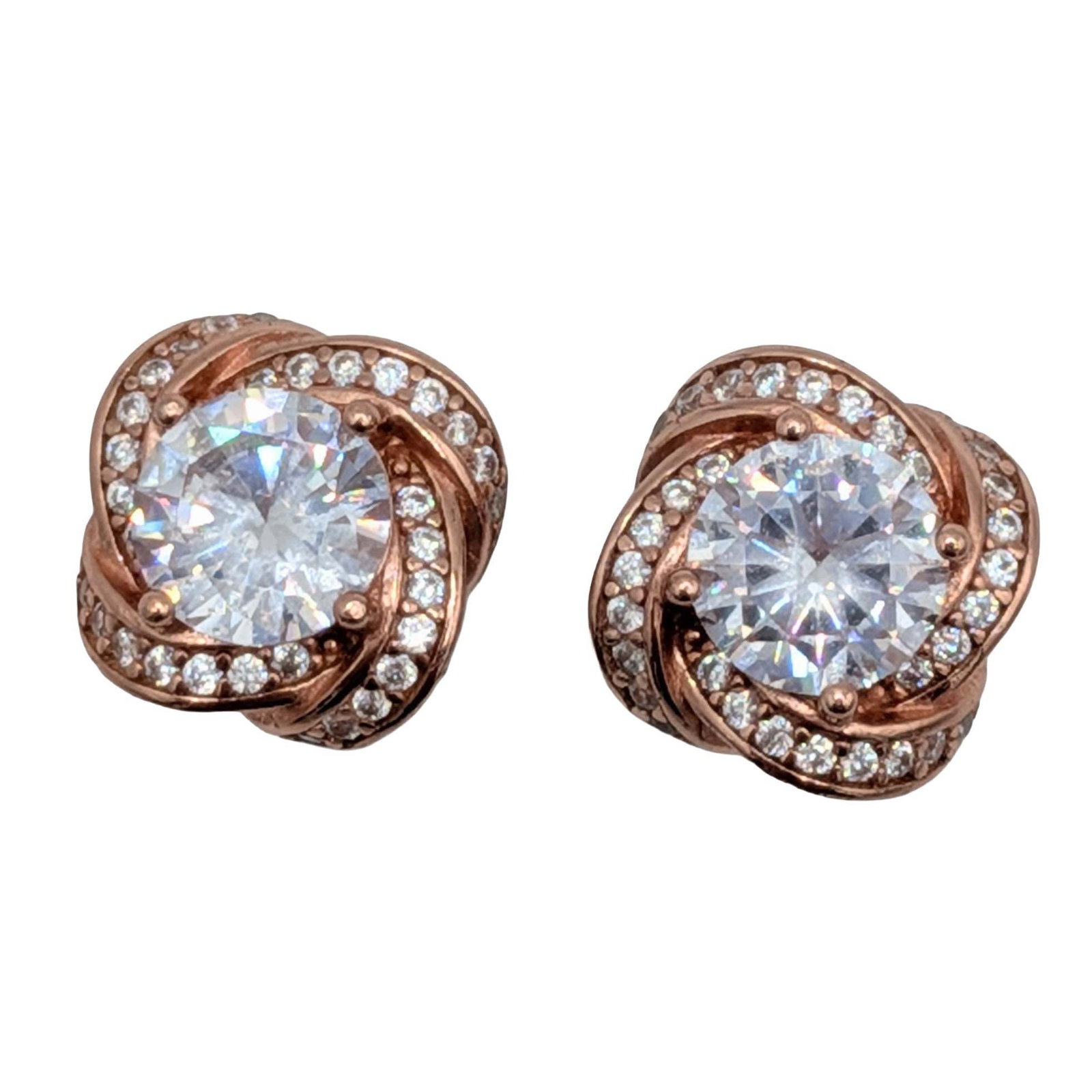 Signed Rose Gold Over Sterling Silver Rhinestone Twisted Halo Stud Earrings: Signed Rose Gold Over Sterling Silver, Rhinestone Twisted Halo Stud Earrings. Signed IBB 925 CN. 3g
