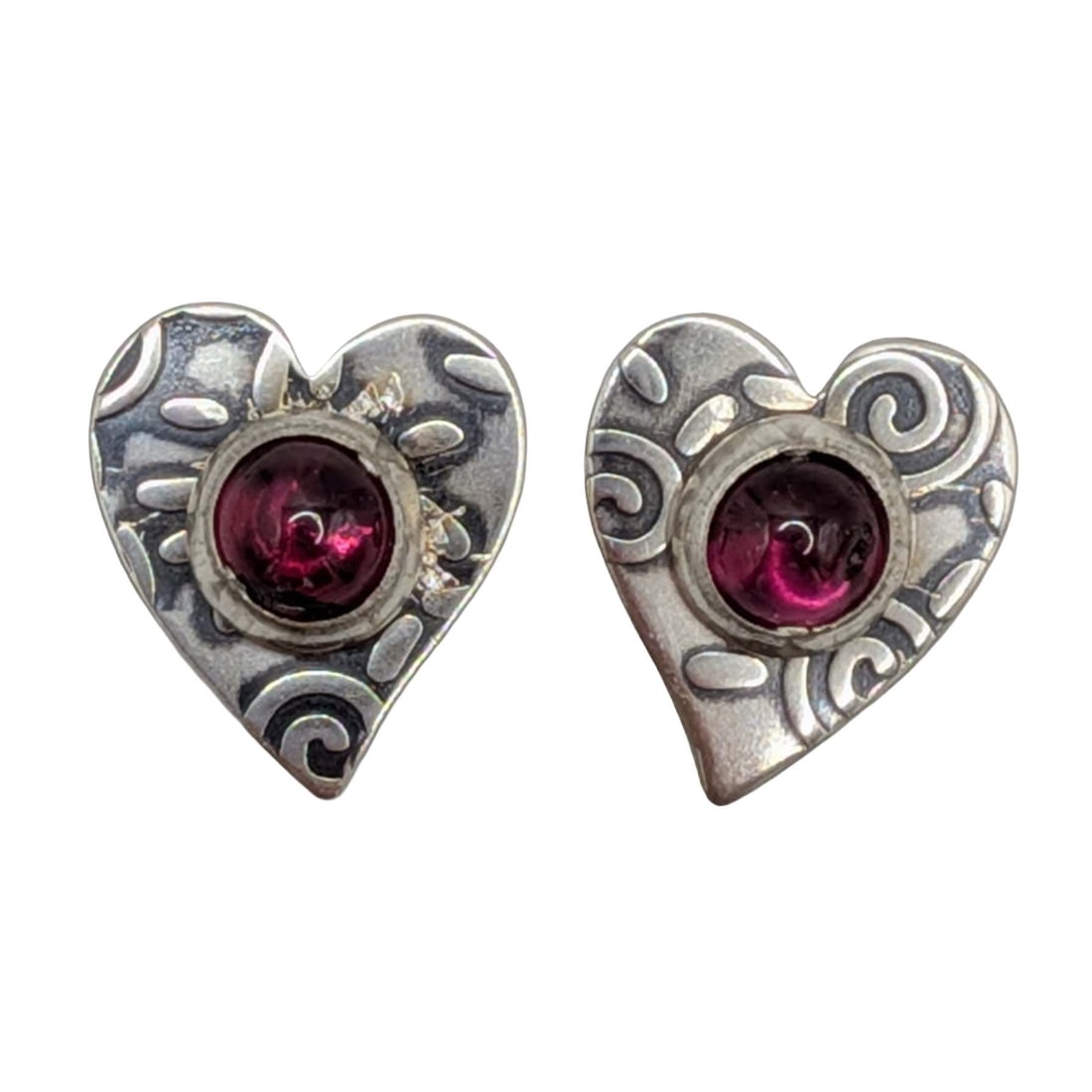Signed Sterling Silver Garnet Stamped Heart Stud Earrings (1 of 4)