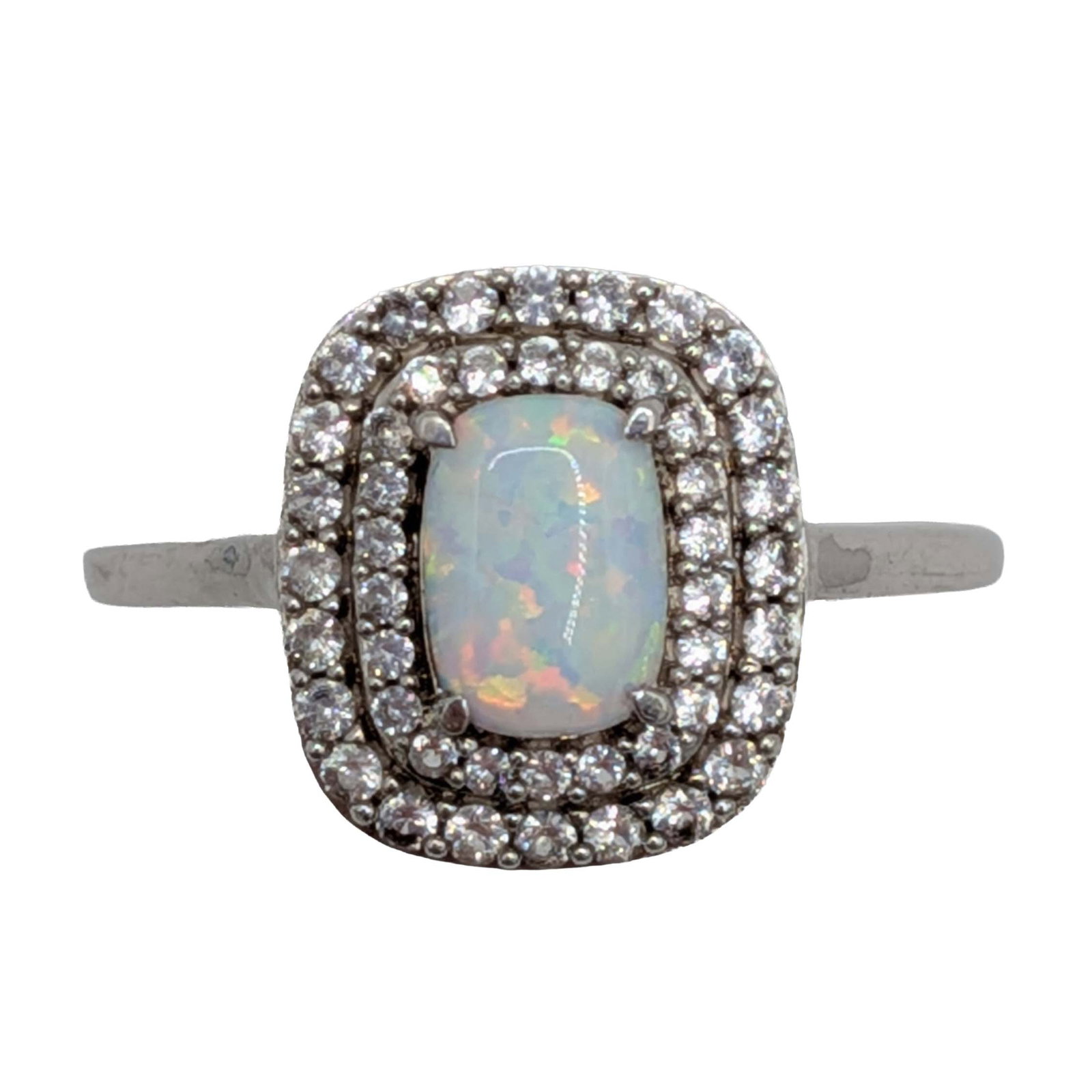 Signed Sterling Silver Opal White Topaz Double Halo Ring Size 7: Signed Sterling Silver, Opal, White Topaz Double Halo Ring. Size 7. Signed JWBR 925. 2.3g