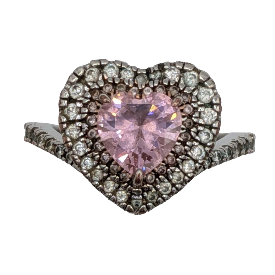 Sterling Silver Pink Rhinestone Halo Heart Ring Size 5.25: Sterling Silver, Pink Rhinestone Halo Heart Ring. Size 5.25. Signed S925. 3.8g