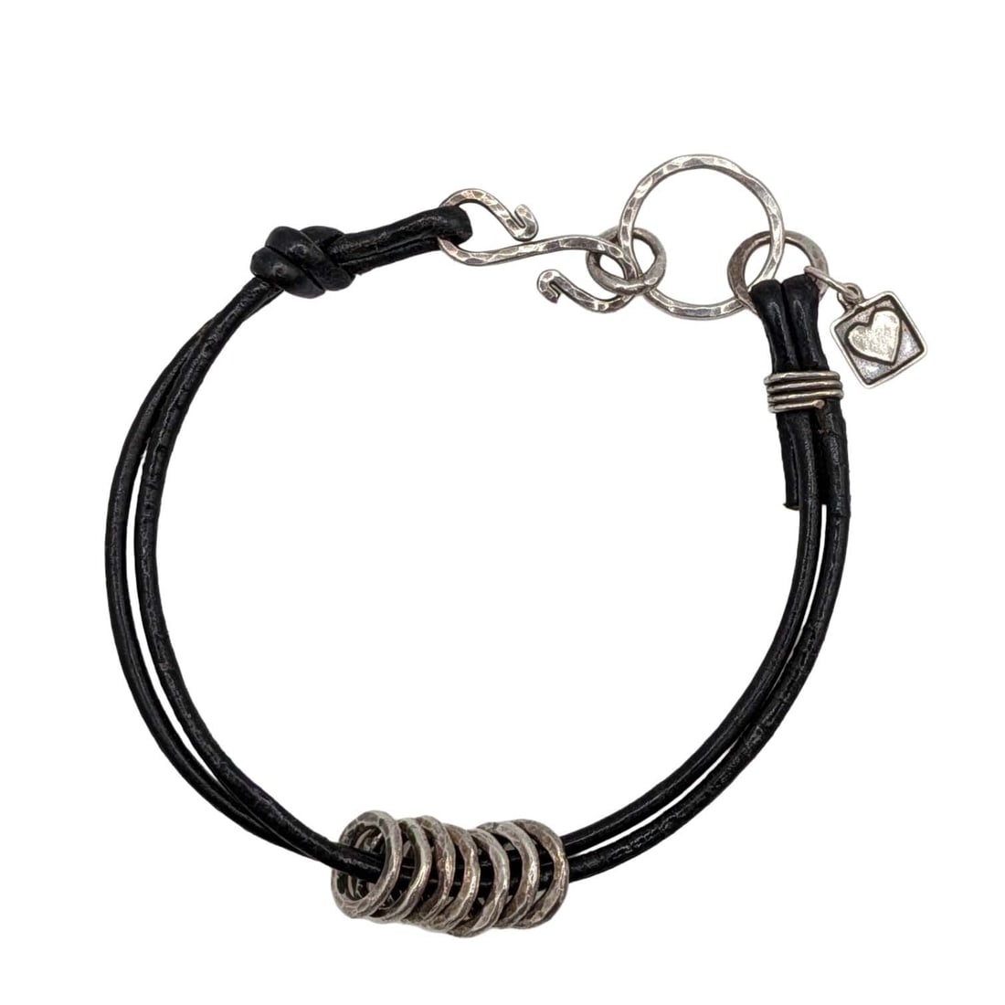 Signed Sterling Silver Leather Cord Bracelet: Signed Sterling Silver, Leather Cord Bracelet. 8.25in Length. Signed 925 circle in triangle. 7.7g