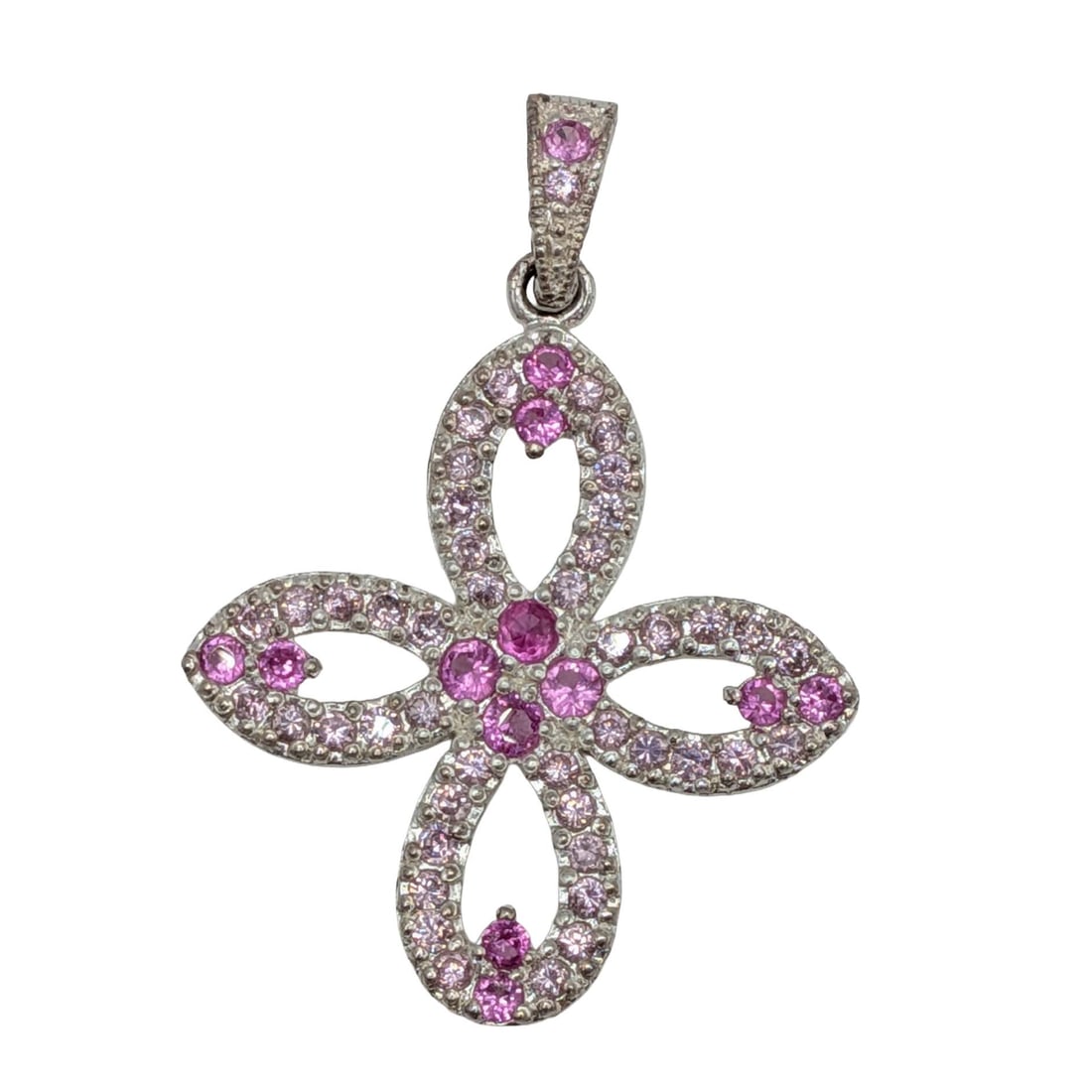 Signed Sterling Silver Ruby Pink CZ Four Petal Flower Pendant: Signed Sterling Silver, Ruby, Pink CZ Four Petal Flower Pendant. Signed CZ 925 SU China. 4.6g