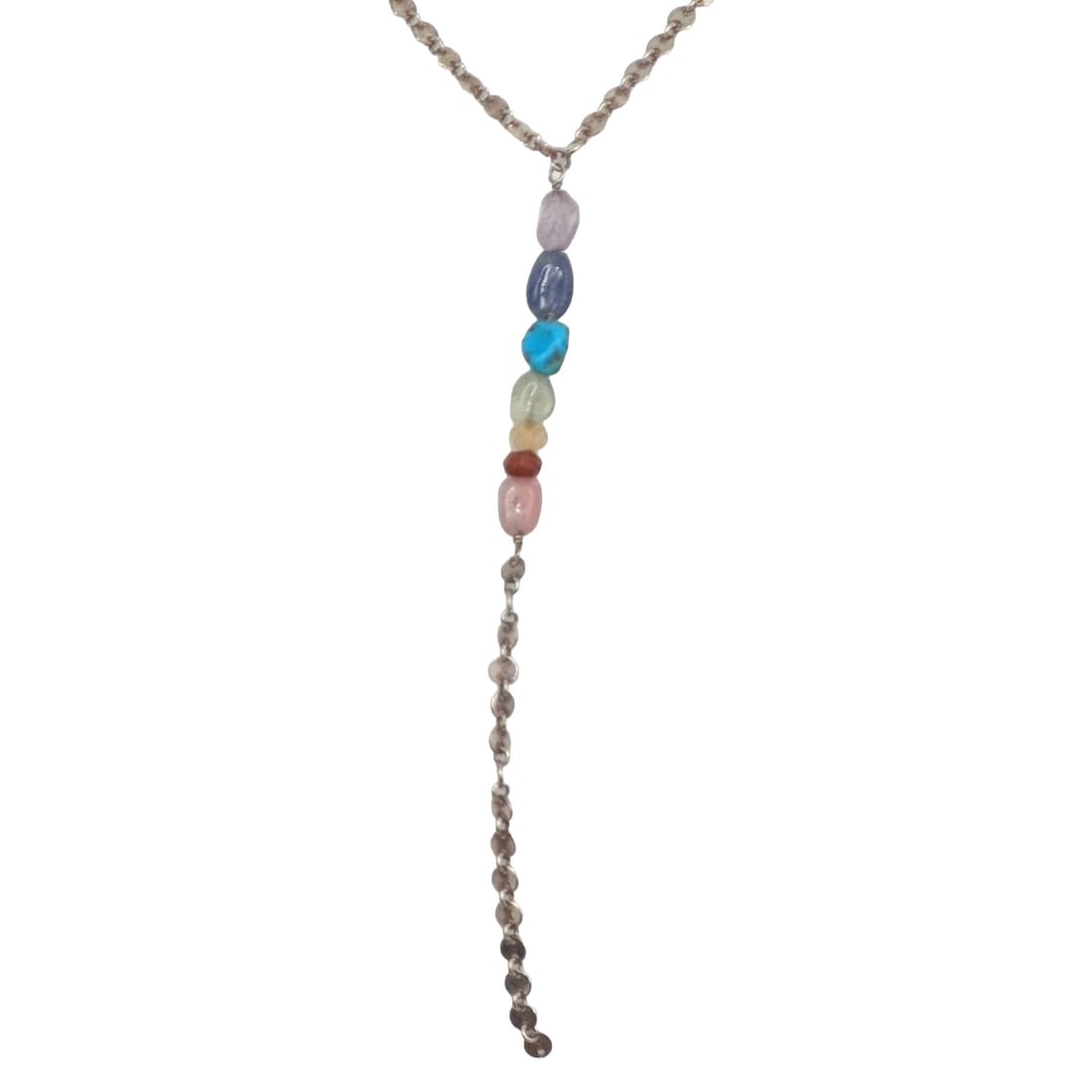 Sterling Silver Multi-Stone Rainbow Lariat Necklace: Sterling Silver, Amethyst, Iolite, Turquoise, Peridot, Citrine, Sunstone, Rose Quartz Rainbow Lariat Necklace. 15in Length. Signed 925. 9.5g