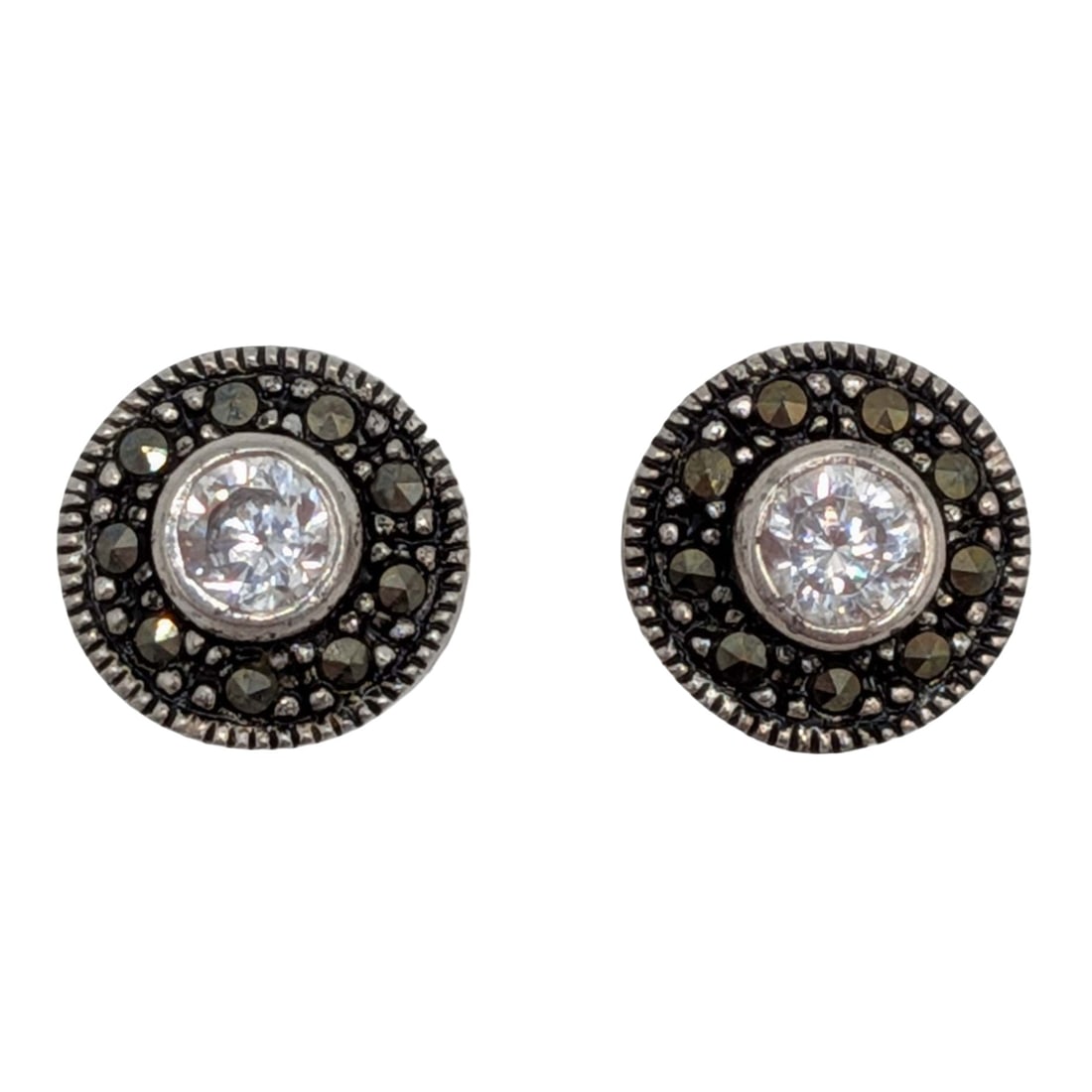 Sterling Silver Rhinestone Marcasite Halo Stud Earrings (1 of 4)