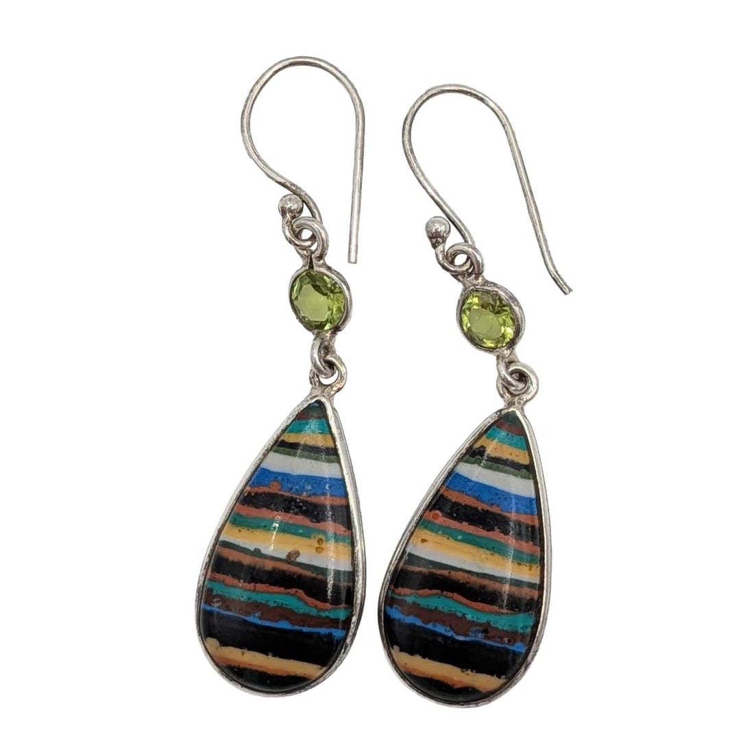 Sterling Silver Peridot Fordite Teardrop Dangle Earrings: Sterling Silver, Peridot, Fordite Teardrop Dangle Earrings. Signed 925. 3.6g