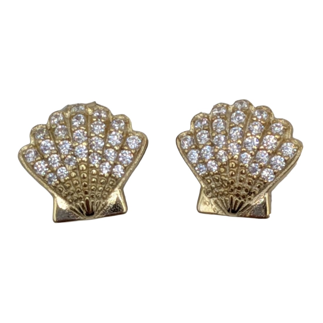 Gold Over Sterling Silver CZ Shell Stud Earrings: Gold Over Sterling Silver, CZ Scallop Shell Stud Earrings. Signed 925 China. 1.3g