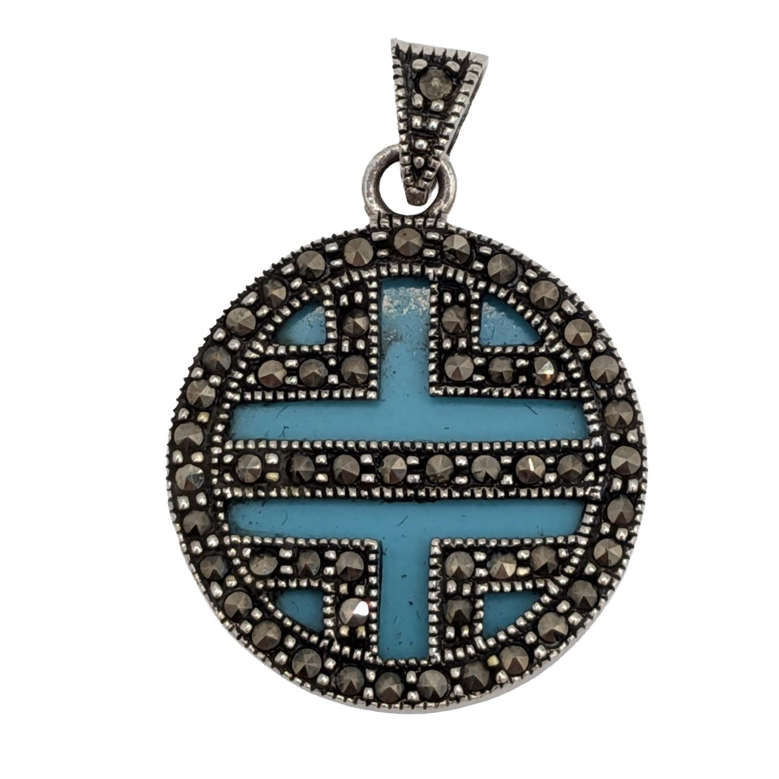 Signed Sterling Silver Turquoise Marcasite Art Deco Overlay Pendant (1 of 3)