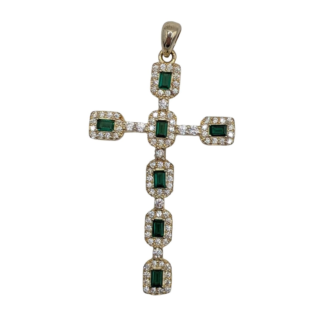 Gold Over Sterling Silver Rhinestone Cross Pendant: Gold Over Sterling Silver, Green Rhinestone, White Rhinestone Cross Pendant. Signed 925. 2.8g
