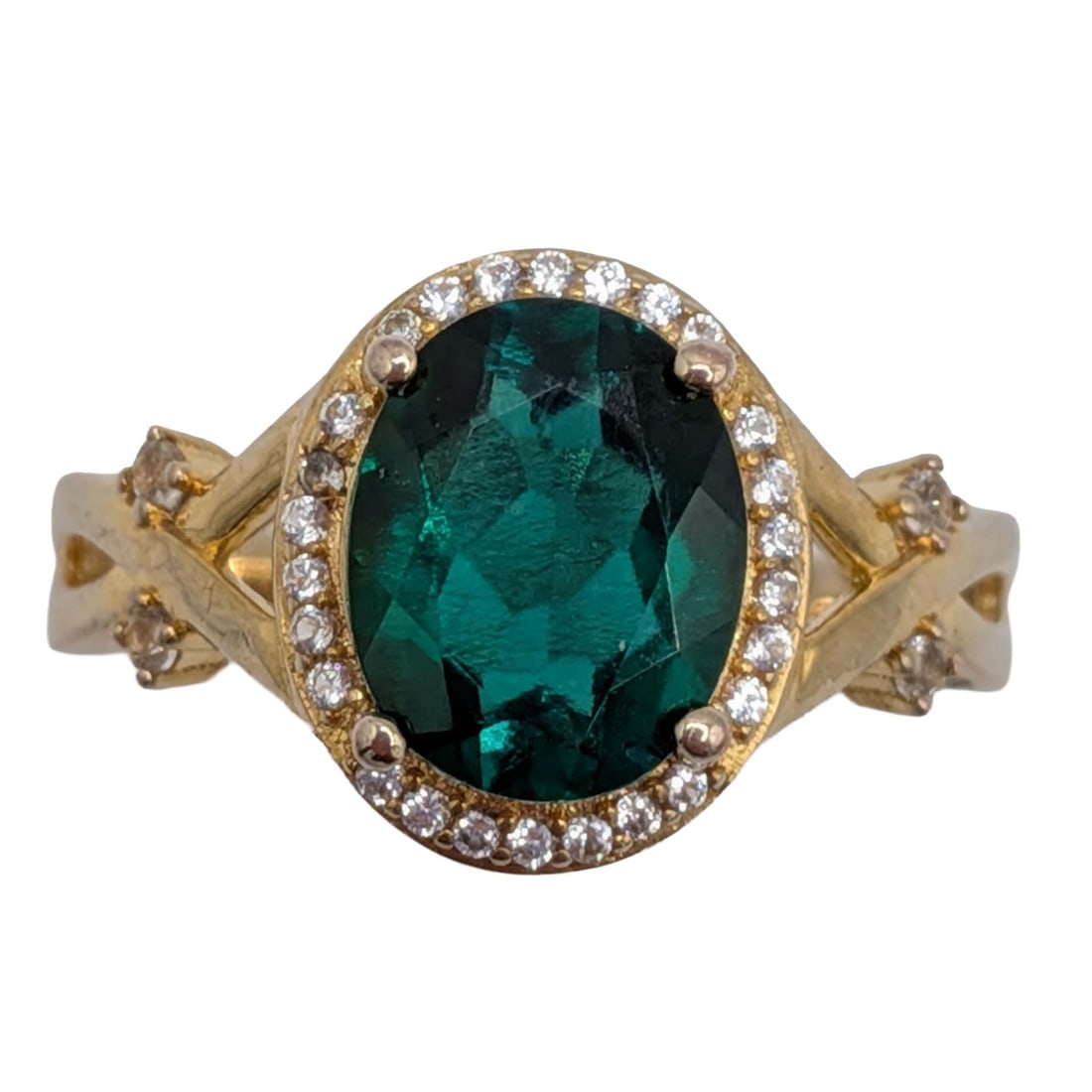 Signed Gold Over Sterling Silver Emerald Topaz Halo Ring Size 8: Signed Gold Over Sterling Silver, Emerald, Topaz Oval Halo Ring. Size 8. Signed DK 925. 4.1g