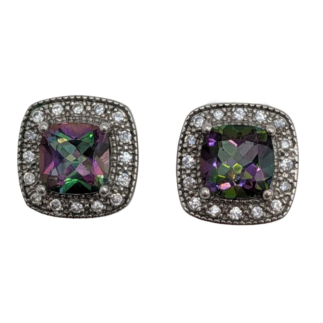 Signed Sterling Silver Iridescent Crystal CZ Halo Stud Earrings: Signed Sterling Silver, Iridescent Crystal, CZ Halo Stud Earrings. Signed NVC 925. 3.4g