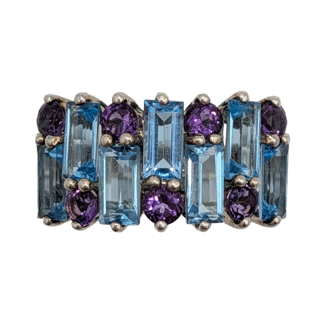 Signed Sterling Silver Blue Topaz Amethyst Band Ring Size 7.25: Signed Sterling Silver, Blue Topaz, Amethyst Baguette Cluster Band Ring. Size 7.25. Signed 925 HNI China. 4.5g