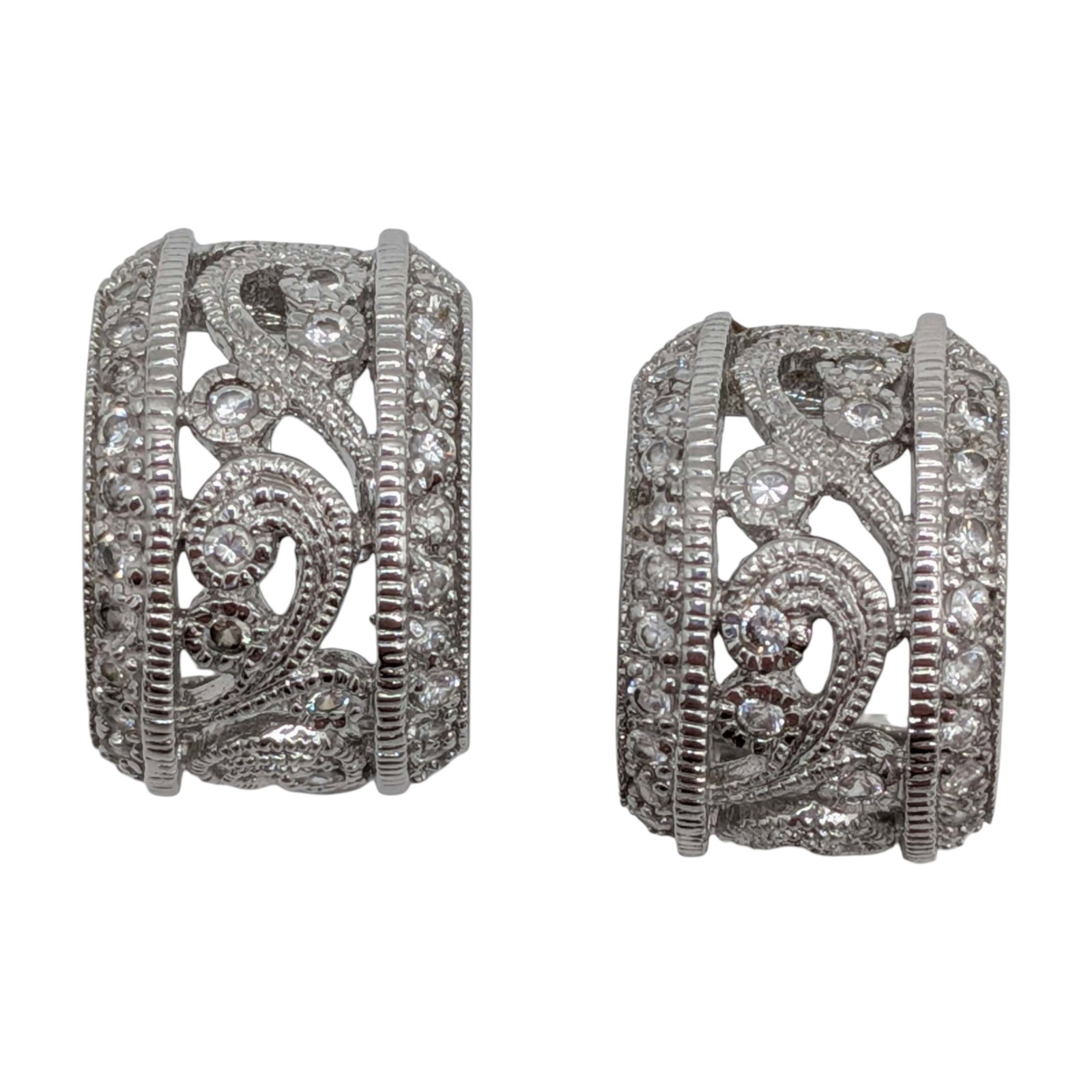 Signed Sterling Silver CZ Scroll Cut Half Hoop Stud Earrings: Signed Sterling Silver, CZ Scroll Cut Half Hoop Stud Earrings. Signed ATI 925. 7.5g