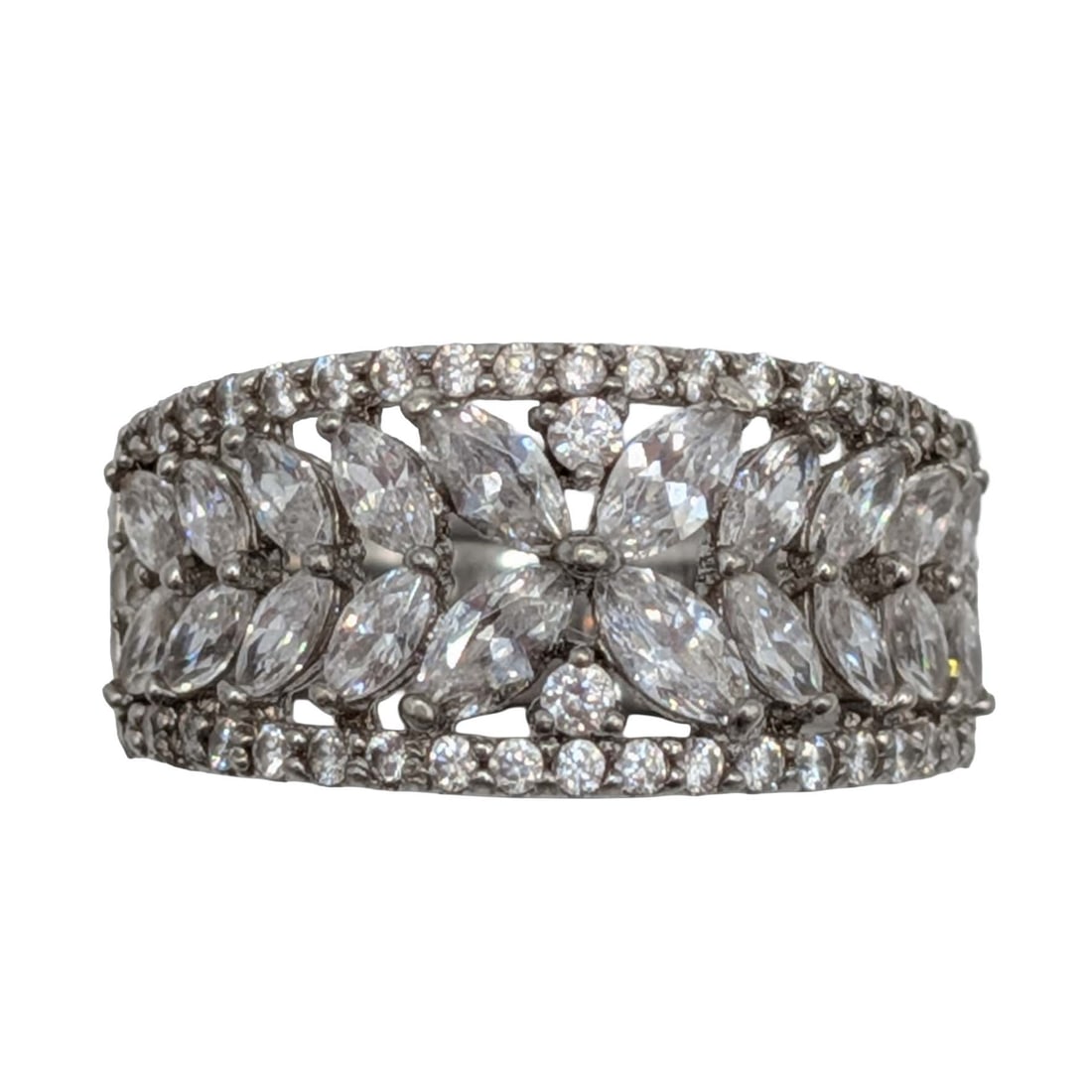 Sterling Silver Marquise CZ Floral Leaf Band Ring Size 7.75 (1 of 5)