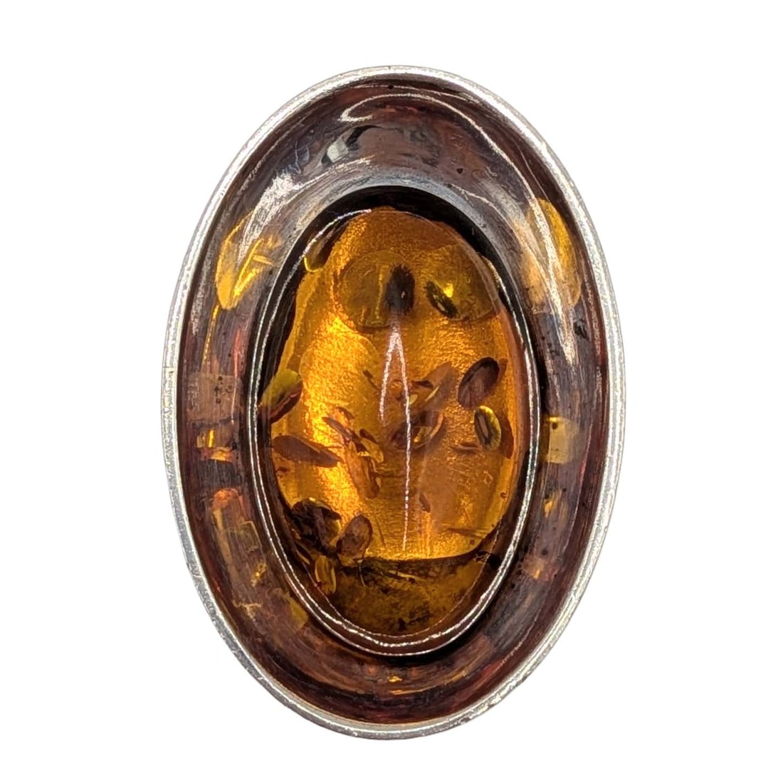 Sterling Silver Amber Oval Deep Set Dish Ring Size 6: Sterling Silver, Amber Oval Deep Set Dish Ring. Size 6. Signed 925. 15.4g