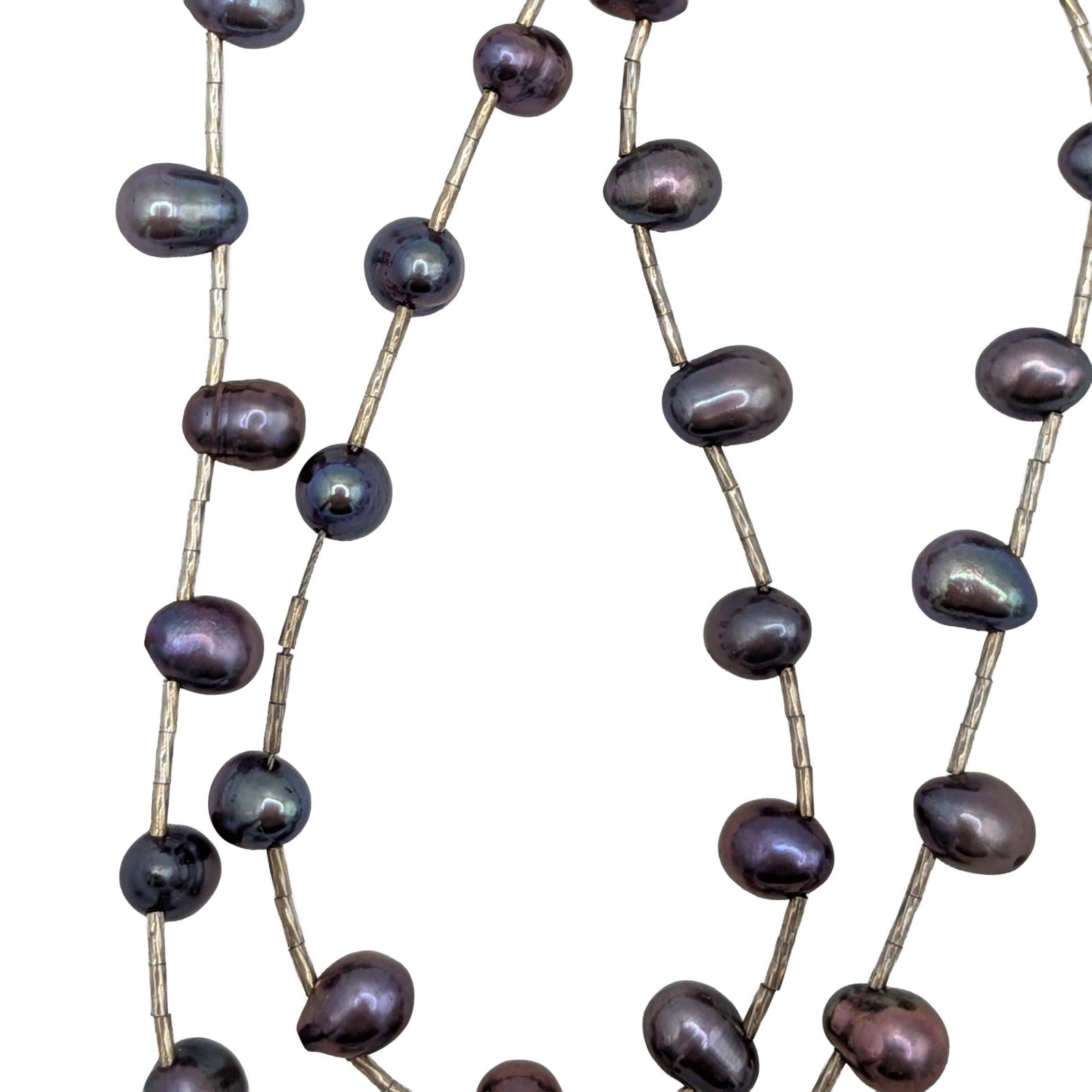 Sterling Silver Iridescent Purple Pearl Sectional Necklace: Sterling Silver, Iridescent Purple Pearls Sectional Necklace. 16 - 17in Length (Adjustable). Signed 925. 7.7g