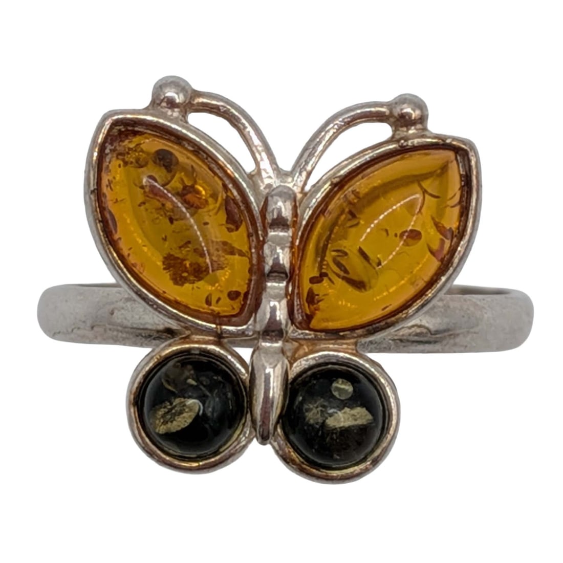 Signed Sterling Silver Green Amber Orange Amber Butterfly Ring 8.75: Signed Sterling Silver, Green Amber, Orange Amber Butterfly Ring. AS IS Small Chip In Stone. Size 8.75. Signed K-8 925. 3g