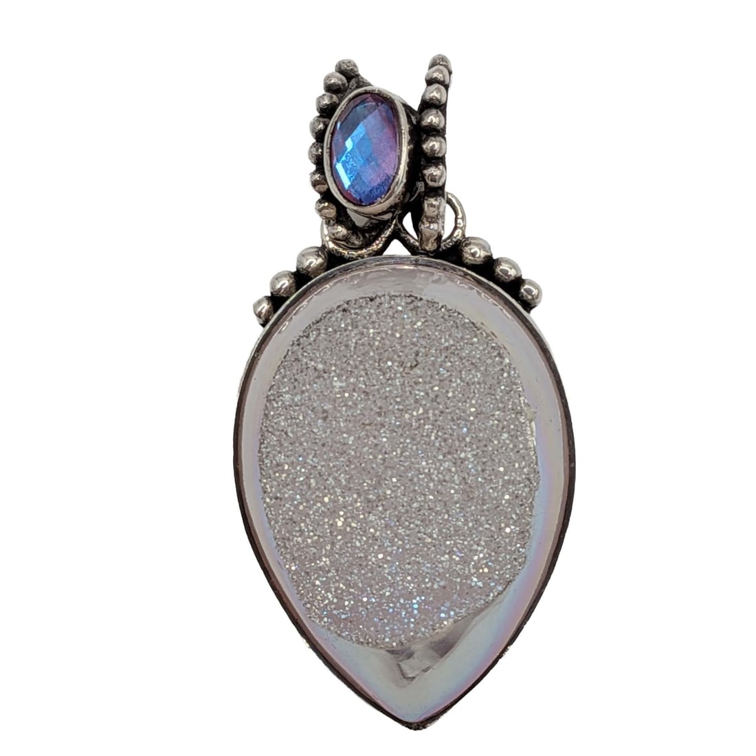 Sajen Sterling Silver Pink Druzy Quartz Iridescent Crystal Slide Pendant: Sajen Sterling Silver, Pink Druzy Quartz Iridescent Crystal Teardrop Slide Pendant. Signed Sajen 925 IN. 8.1g