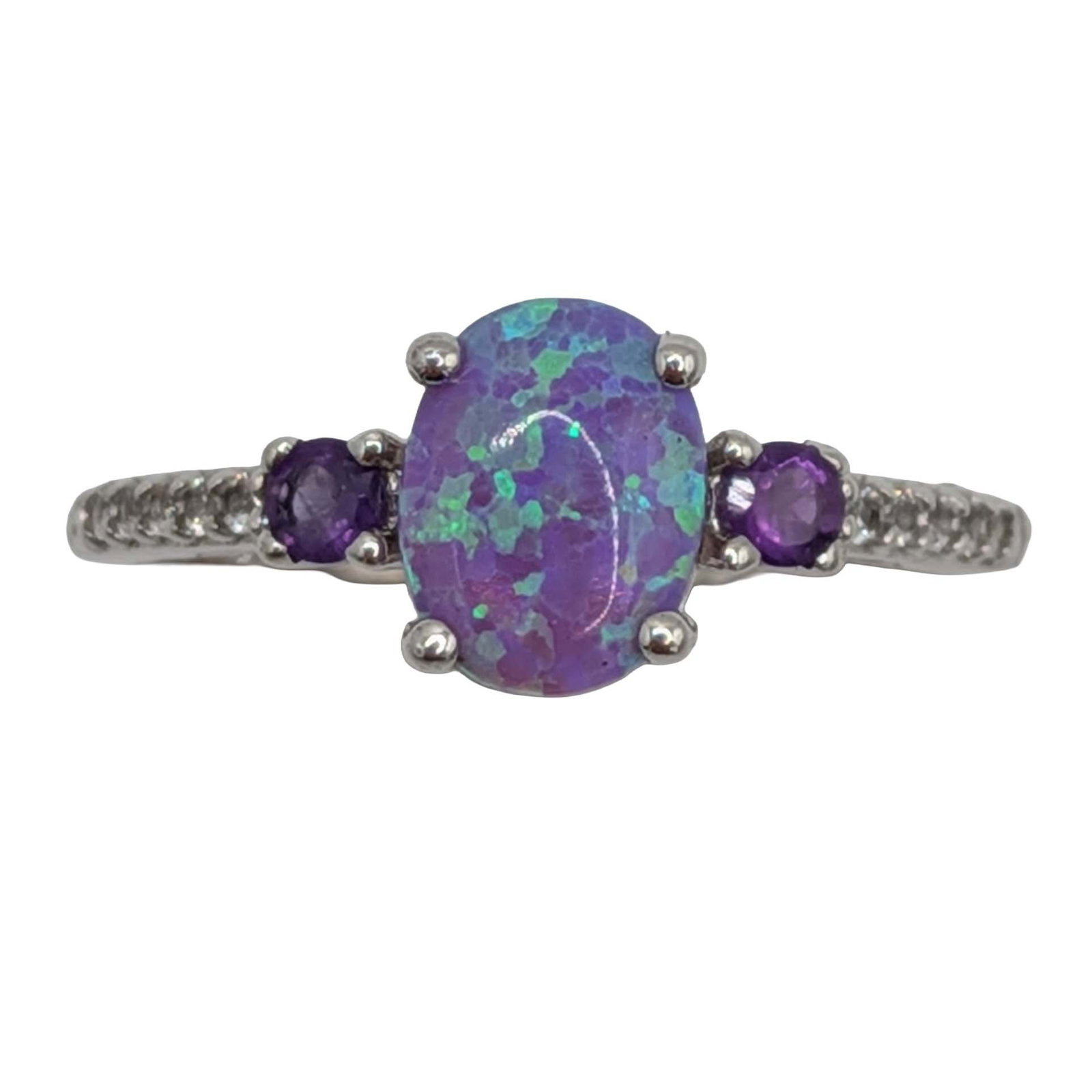 Signed Sterling Silver Multi-Stone Oval Ring Size 7: Signed Sterling Silver, Opal Amethyst, White Topaz Oval Ring. Size 7. Signed CH 925. 1.9g