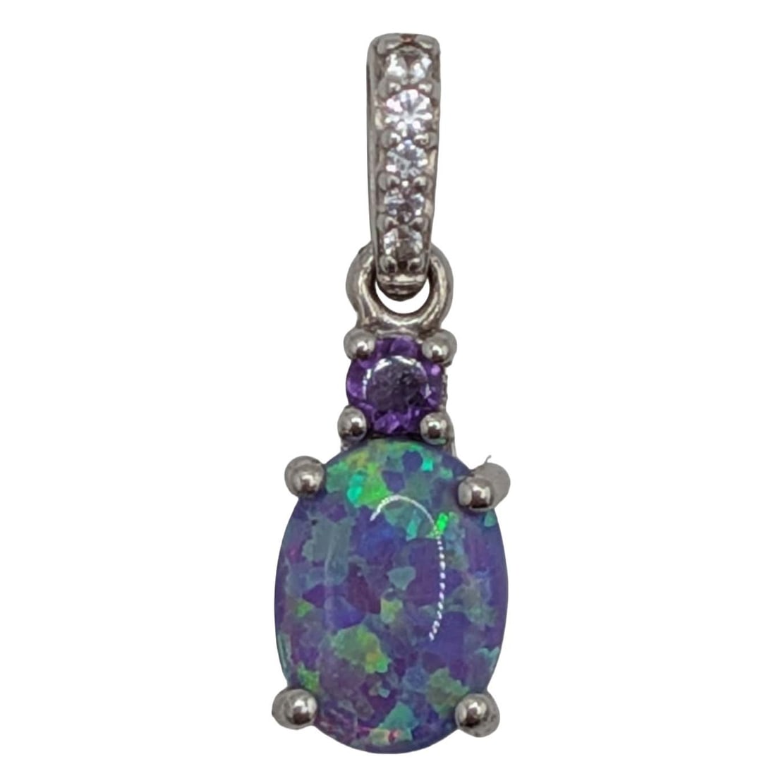 Signed Sterling Silver Multi-Stone Oval Pendant: Signed Sterling Silver, Opal, White Topaz, Amethyst Pendant. Signed swirly H 925. .7g