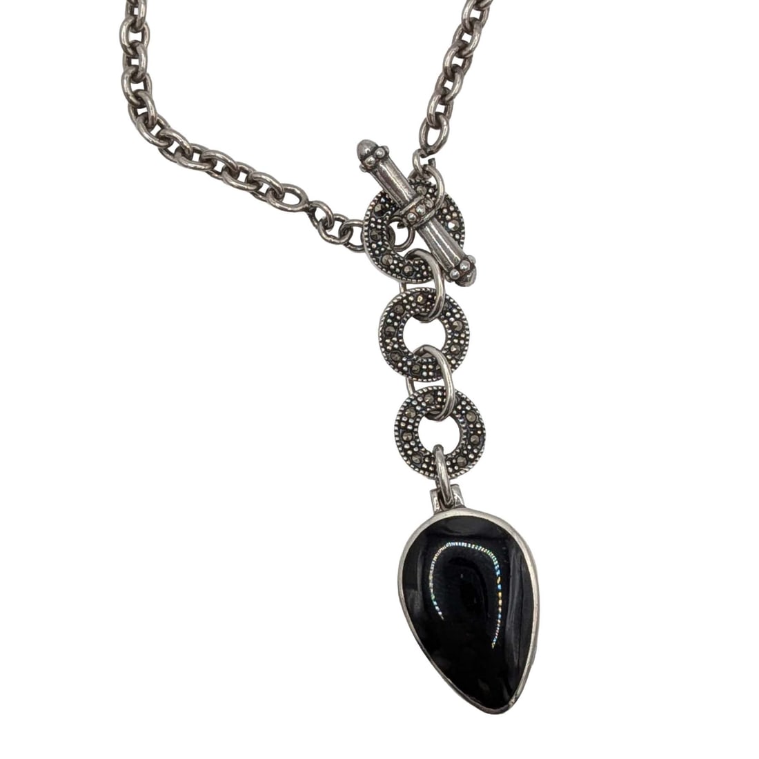 Signed Sterling Silver Black Resin Marcasite Necklace: Signed Sterling Silver, Black Resin, Marcasite Toggle Clasp Necklace. 17in Length. Signed 925 A. 22g
