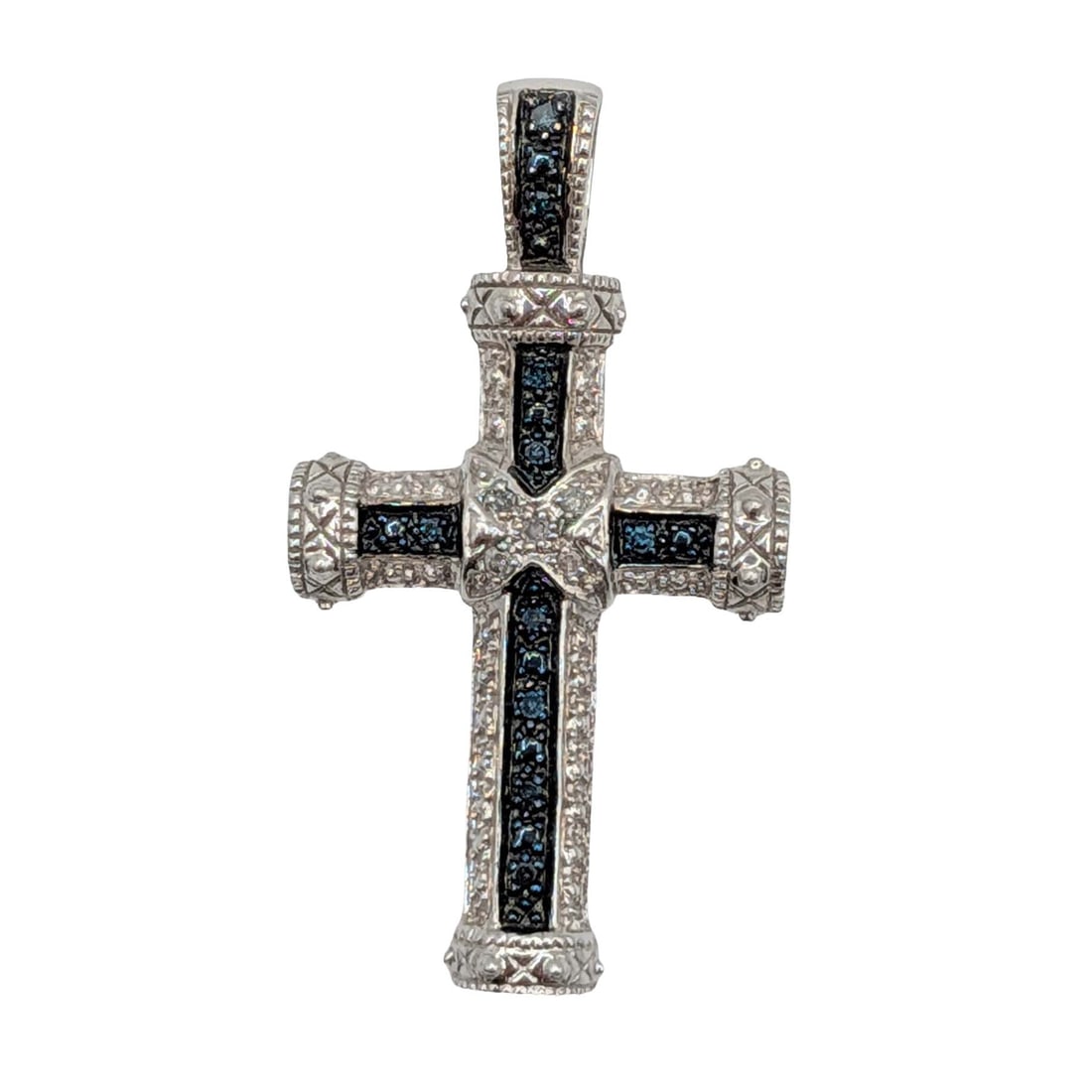 Signed Sterling Silver Two Tone Diamond Cross Pendant: Signed Sterling Silver, Blue Diamond, White Diamond Cross Pendant. Signed 925 cross in eight. 3.7g