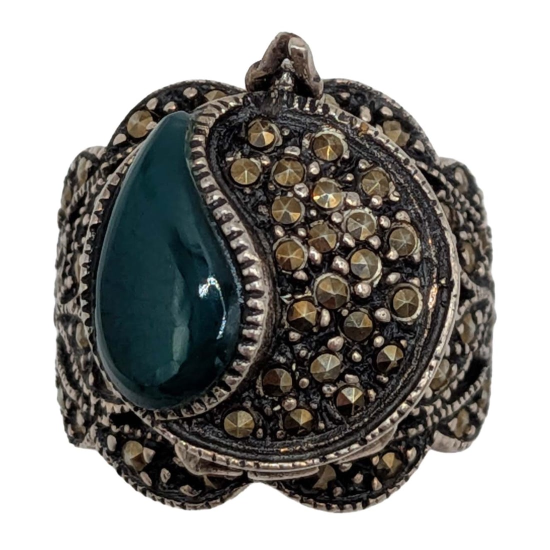 Sterling Silver Malachite Marcasite Poison Ring Size 5.75: Sterling Silver, Malachite, Marcasite Poison Rings. Size 5.75. Signed 925. 11.5g