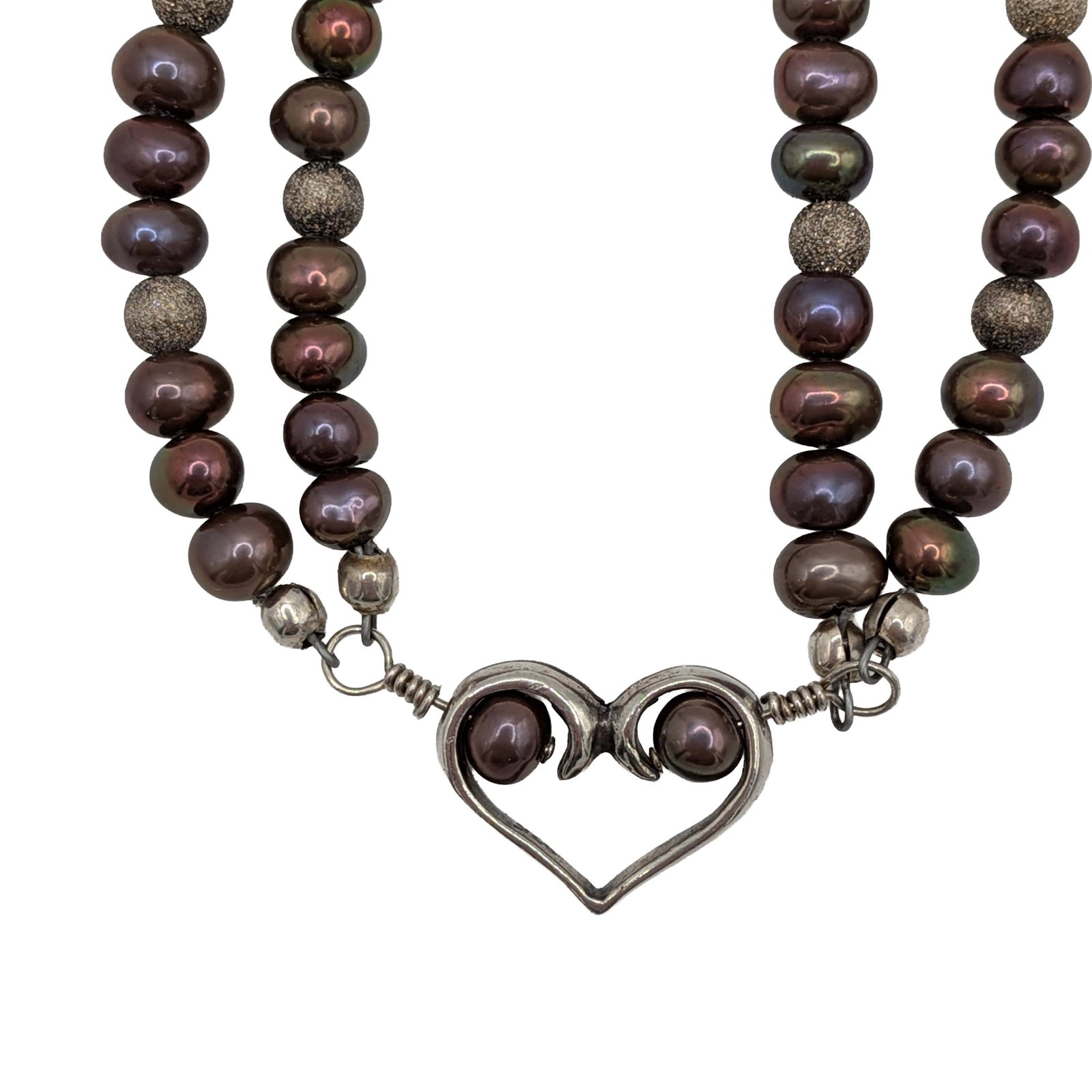 Sterling Silver Copper Pearl Double Strand Heart Bracelet: Sterling Silver, Copper, Freshwater Pearl Double Strand Heart Bracelet. 7in Length. Signed 925. 9.6g
