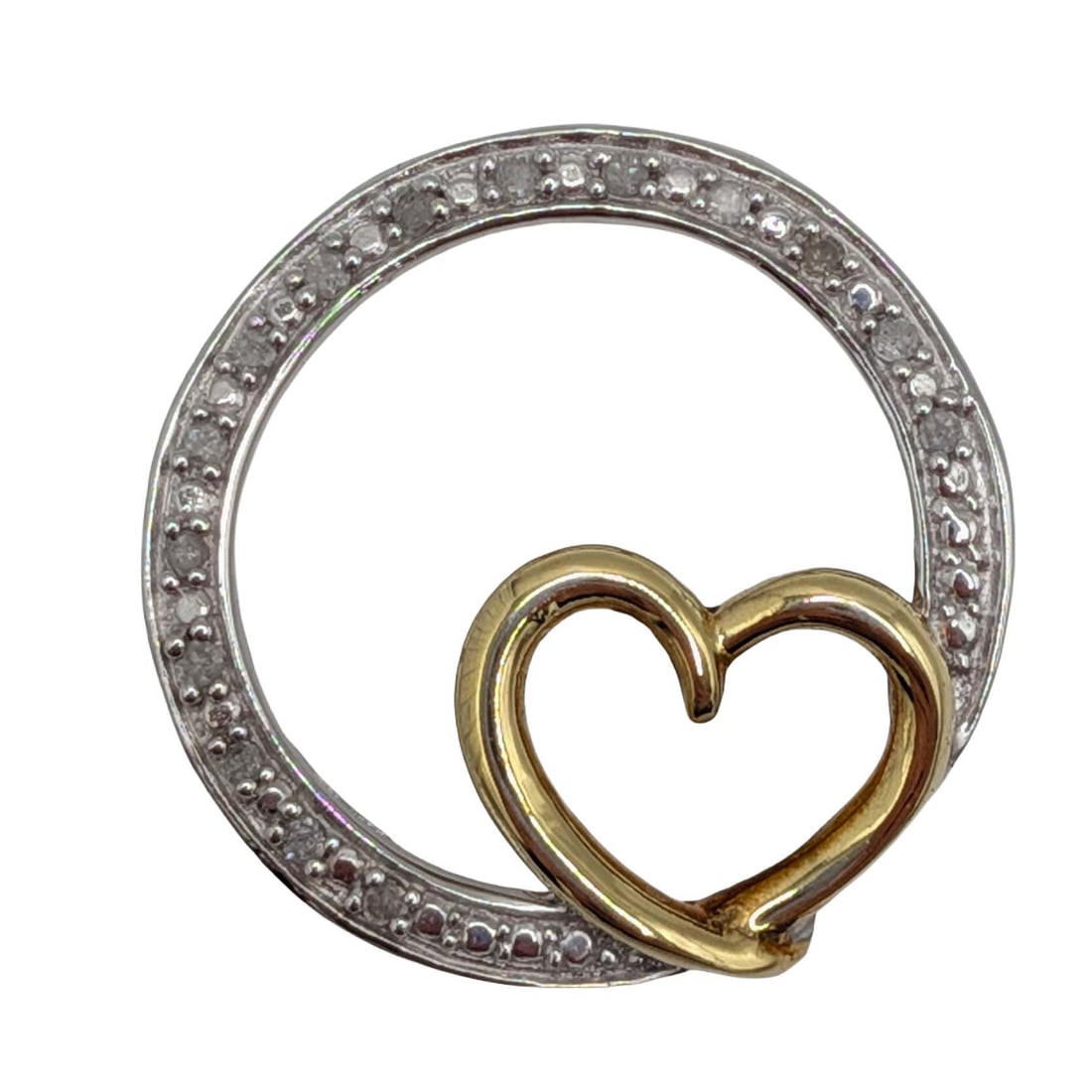 Signed Gold Over Sterling Silver Diamond Eternity Heart Pendant: Signed Gold Over Sterling Silver, Diamond Eternity Heart Circle Slide Pendant. Signed 925 star YGFL. 2.1g
