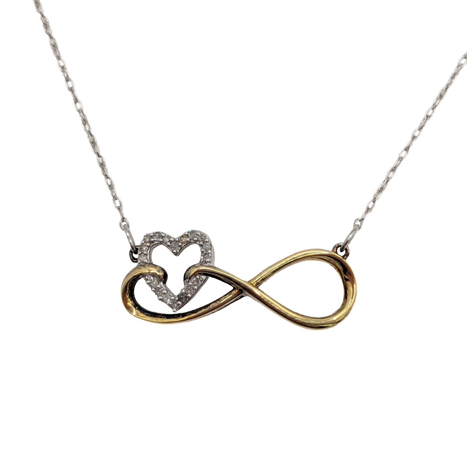 Signed Gold Over Sterling Silver Diamond Infinity Heart Necklace: Signed Gold Over Sterling Silver, Diamond Infinity Heart Necklace. 21.5in Length. Signed NC 925. 2.7g