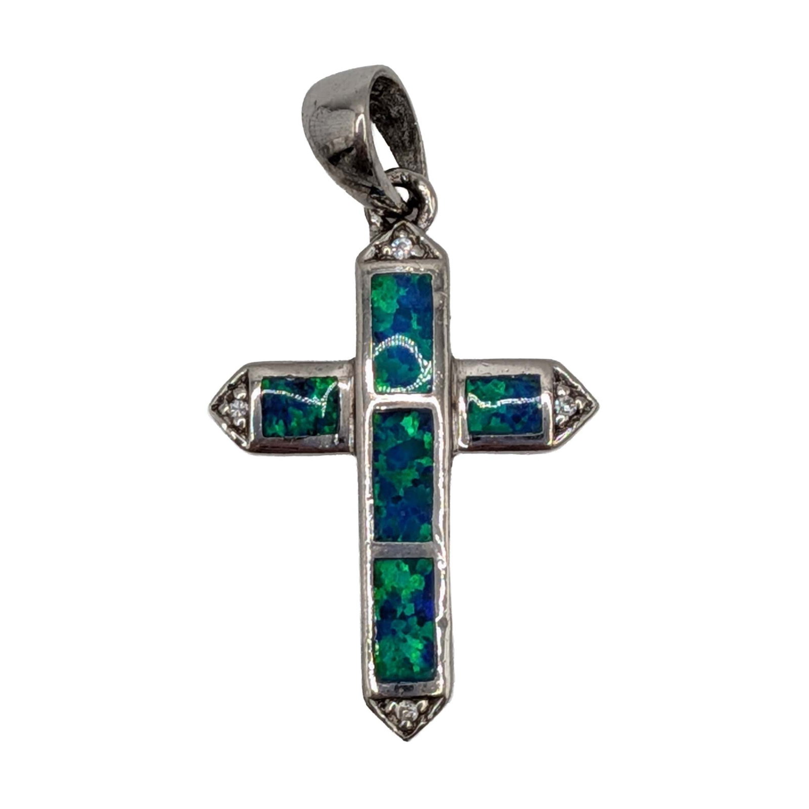 Sterling Silver Opal Inlay CZ Cross Pendant: Sterling Silver, Opal Inlay CZ Cross Pendant. Signed 925. 3.2g