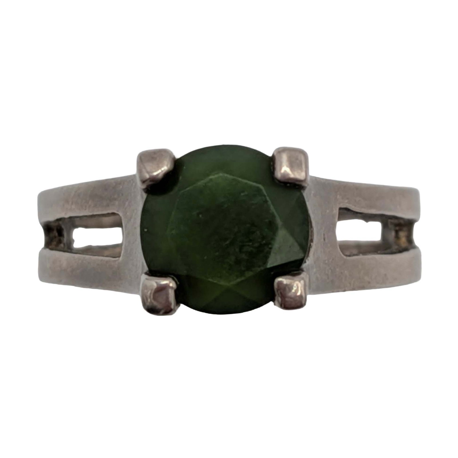 Signed Sterling Silver Emerald Solitaire Ring Size 6.75: Signed Sterling Silver, Emerald Solitaire Open Cut Ring. Size 6.75. Signed S.S. A. 3.6g