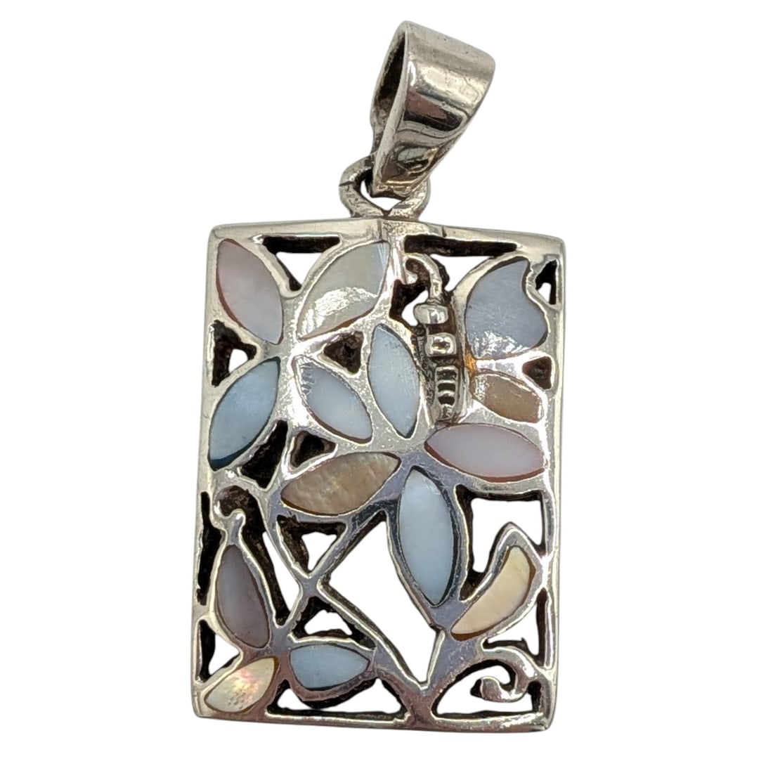 Sterling Silver Mother Of Pearl Cutout Butterfly Pendant: Sterling Silver, Mother Of Pearl Cutout Butterfly Pendant. 9.1g